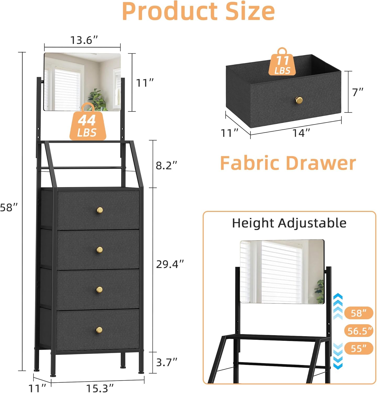 HIGDBFE 4-Drawer Dresser with Mirror, Vanity with 2-Tier Shelves, Fabric Chest of Drawers for Small Spaces, Vertical Storage Cabinet for Bedroom, Nightstand Bedside Table Furniture, Black, 15.3