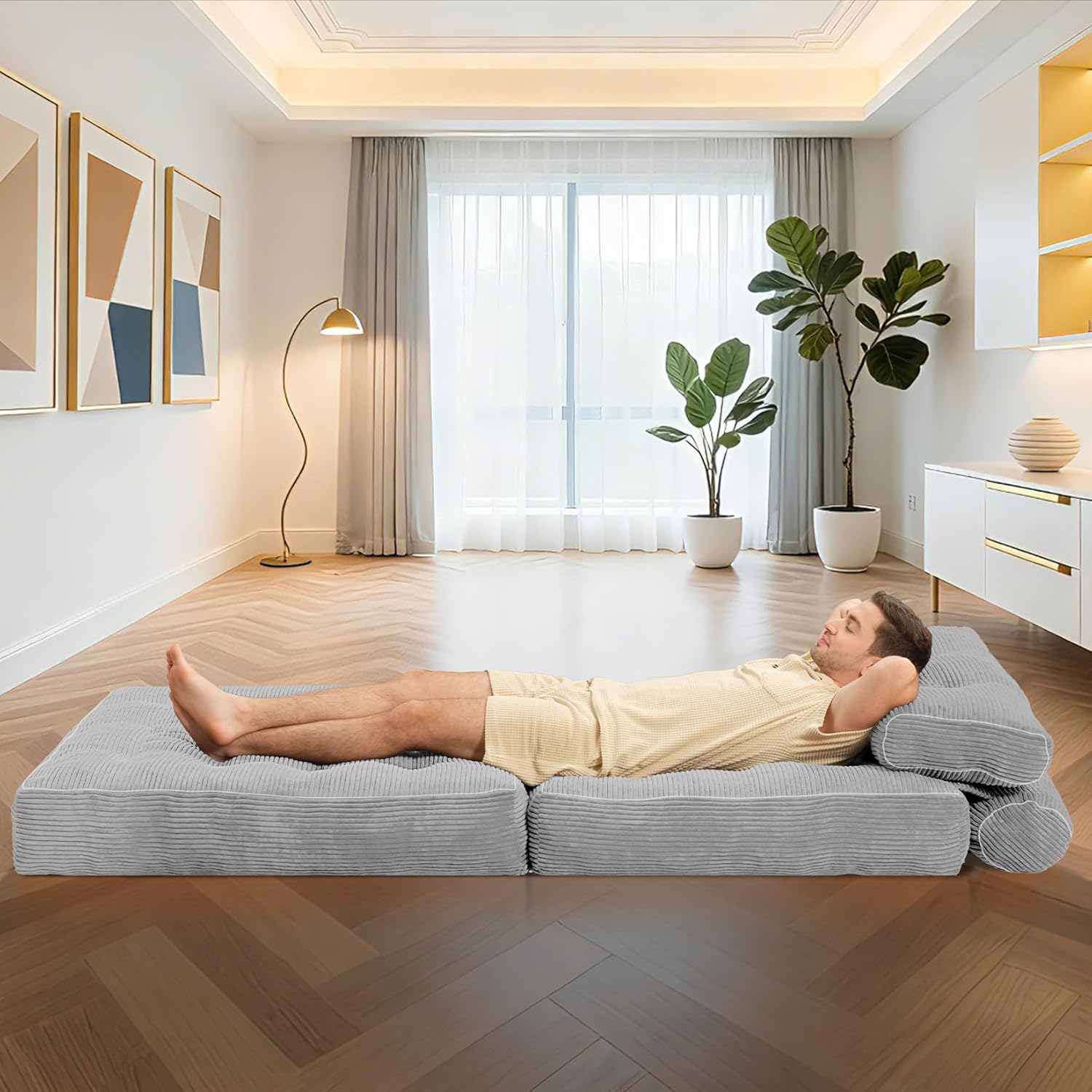 HABUTWAY Folding Sofa Bed, Convertible Sleeper Chair Bed with Dual Pillows & Handle, Foldable Floor Sofa Lounge with Back Support for Living Room, Bedroom, Apartment, Office, Single, Light Grey