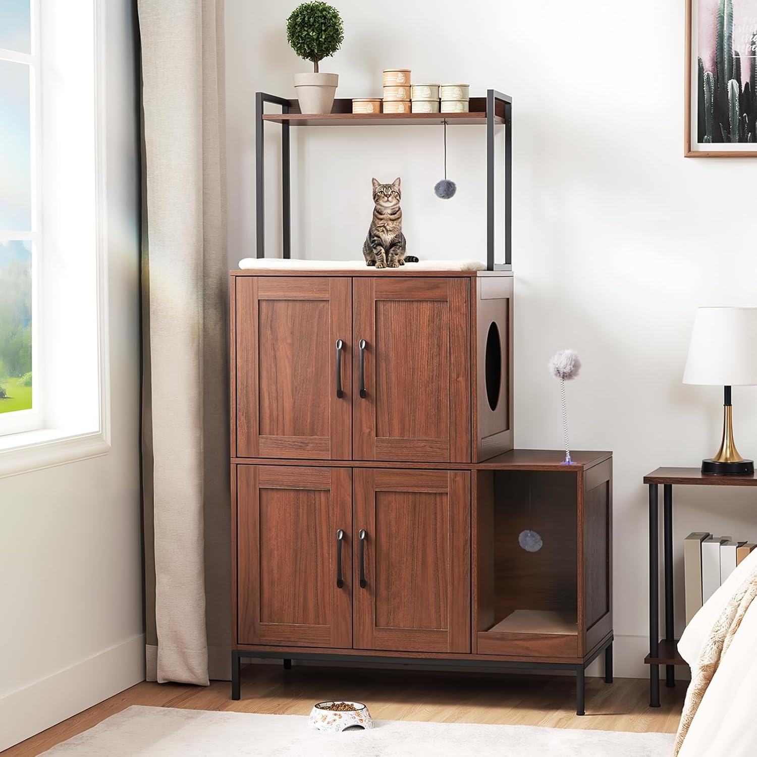 HOOBRO Litter Box Enclosure, Litter Box Furniture with Storage, 2-in-1 Hidden Cat Furniture with Shelf, 2 Hanging Plush Balls and 1 Toy Ball, Large Wooden Cat Washroom, Walnut WL78MW01