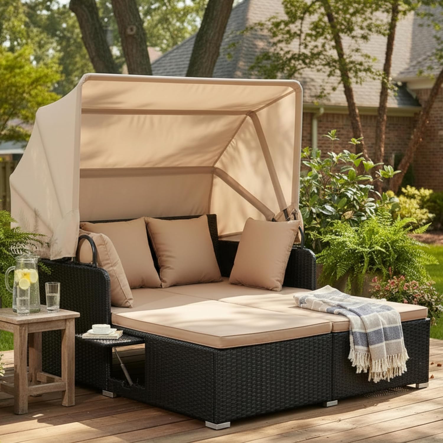 Tangkula Patio Rattan Daybed with Retractable Canopy, Outdoor Wicker Sunbed Lounger with 2 Foldable Side Tables, Thick Seat & Back Cushions, Outdoor Double Daybed for Garden, Backyard, Porch