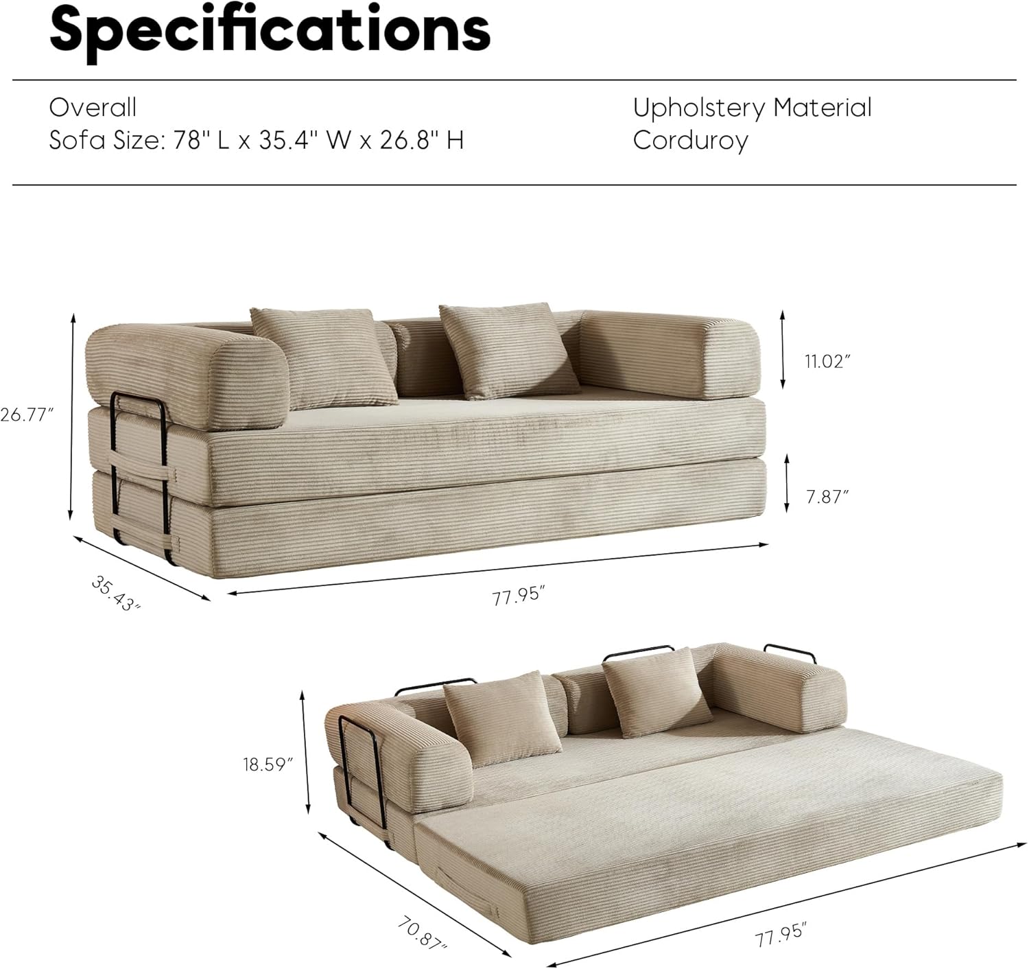 ZEIINPA Corduroy Floor Sofa Bed, Convertible Folding Couch Bed with Fixed-Shape Frame and Armrest for Living Room Bedroom Lounge Studio-Beige