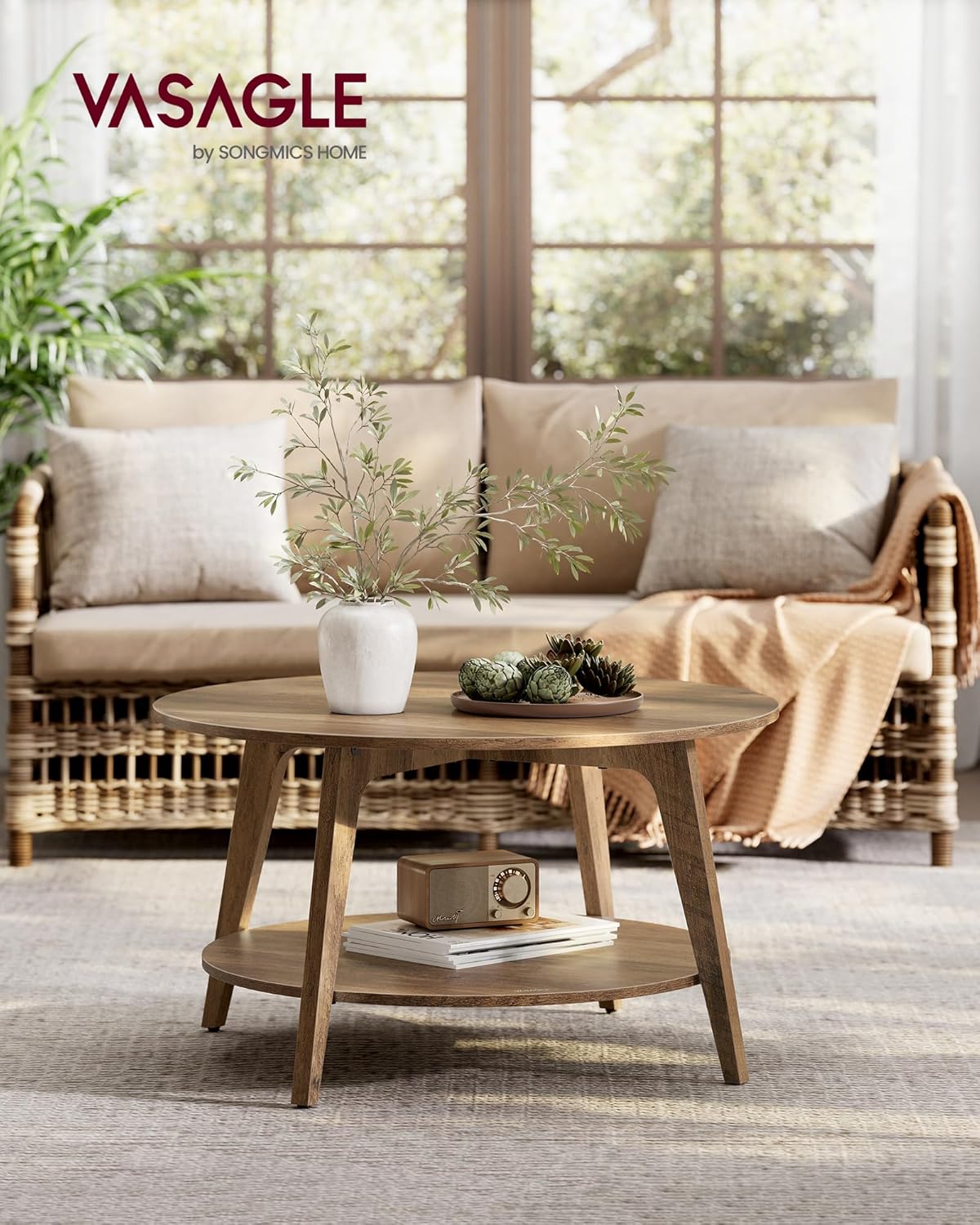 VASAGLE MAEZO Collection - Round Coffee Table, 2-Tier Center Table with Storage, Tapered Legs, Curved Transitions, 31.5 Diax 17.7 H Inches, Easy Assembly, for Living Room, Honey Brown ULCT243K41