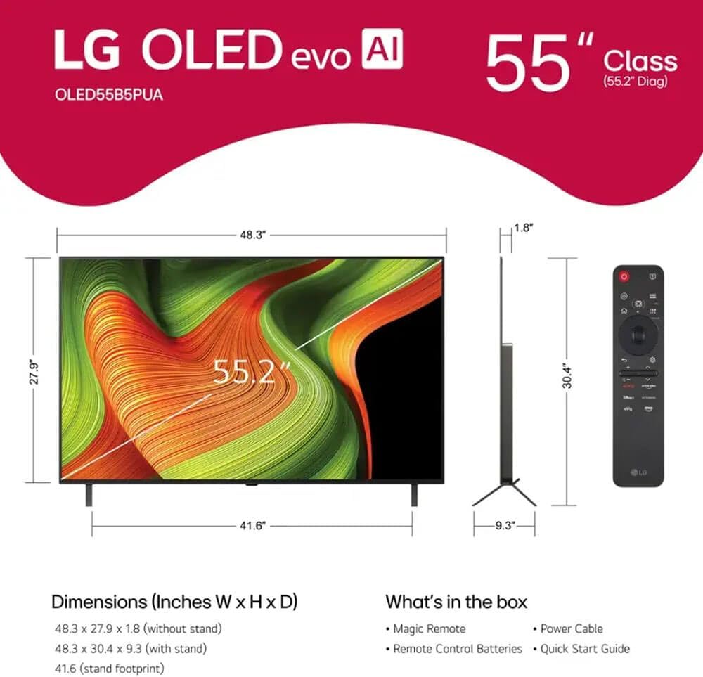 LG 55-Inch Class OLED AI 4K B5 Series Smart TV with Dolby Atmos, Dolby Vision, HDR10, AI Super Upscaling 4K, Filmmaker Mode, Wow Orchestra, Alexa Built-in (OLED55B5PUA.AUS, 2025)