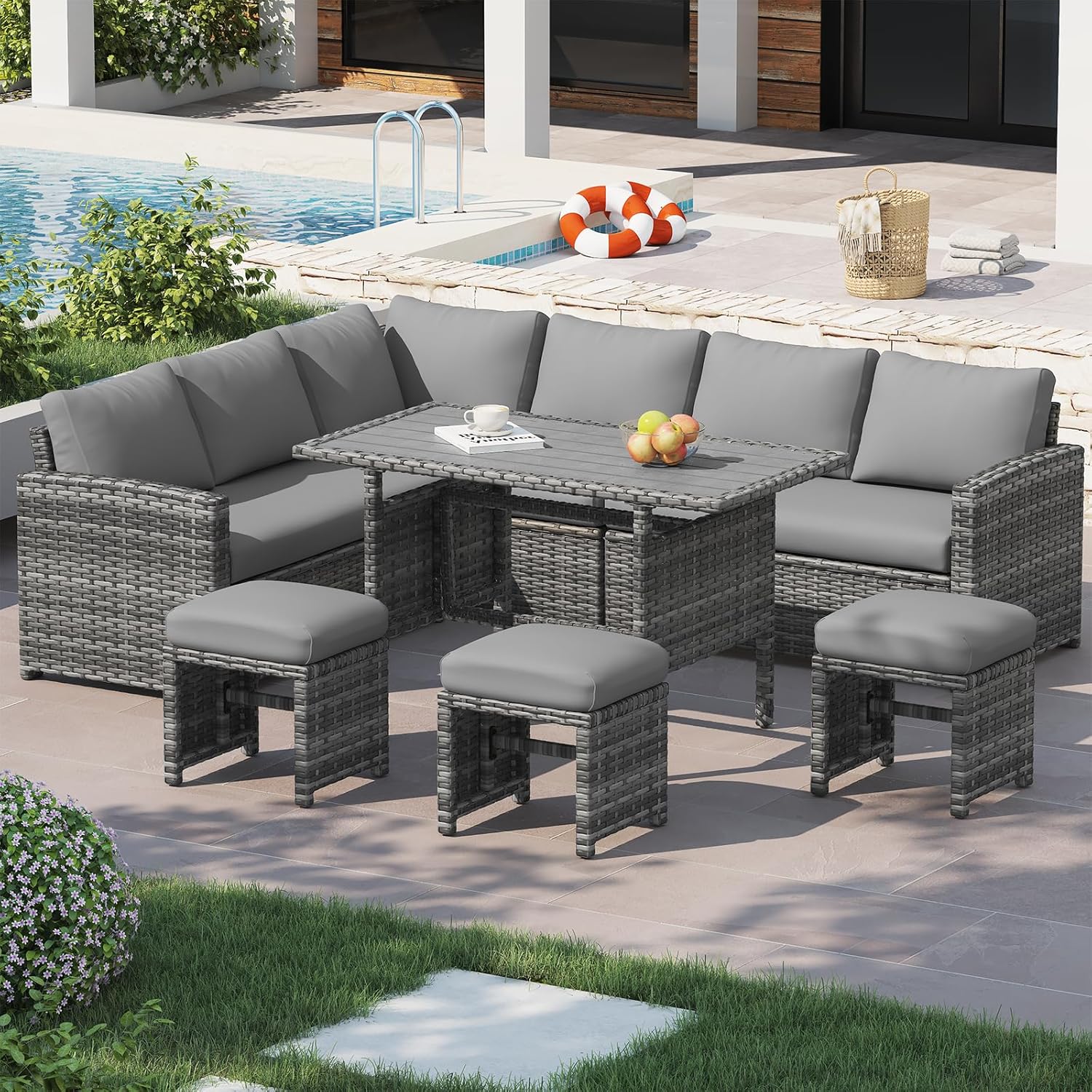 U-MAX 7 Pieces Patio Furniture Set with Waterproof Cover, Outdoor Sectional Sofa Conversation Set, All Weather Wicker Rattan Dining Table & Chair with Ottoman, Grey Rattan & Grey Cushion