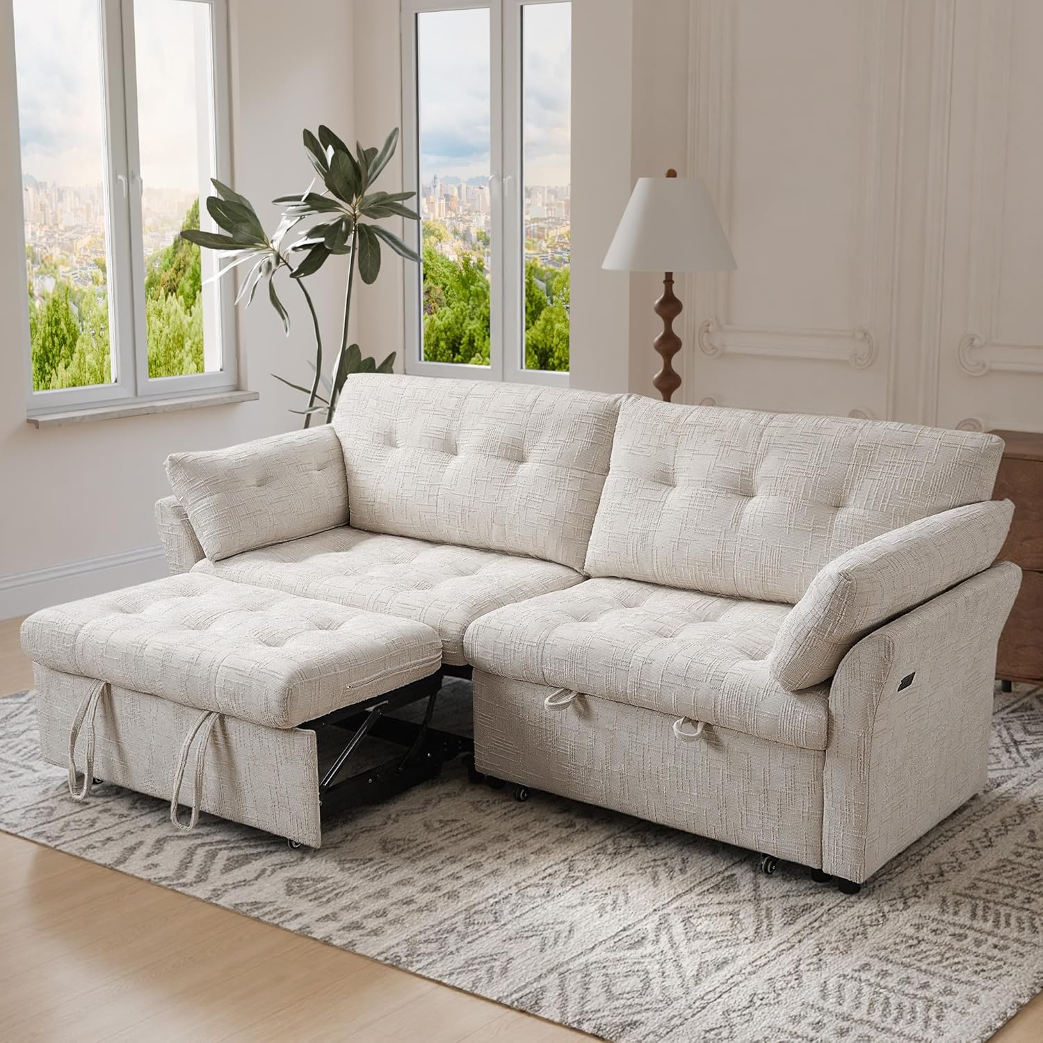 Casaphoria 3 in 1 Sofa Bed with Wheels & USB Port – Convertible Sleeper Sofa L-Shaped Pull-Out Bed for Living Room Apartment 3-Seater Couch in Beige