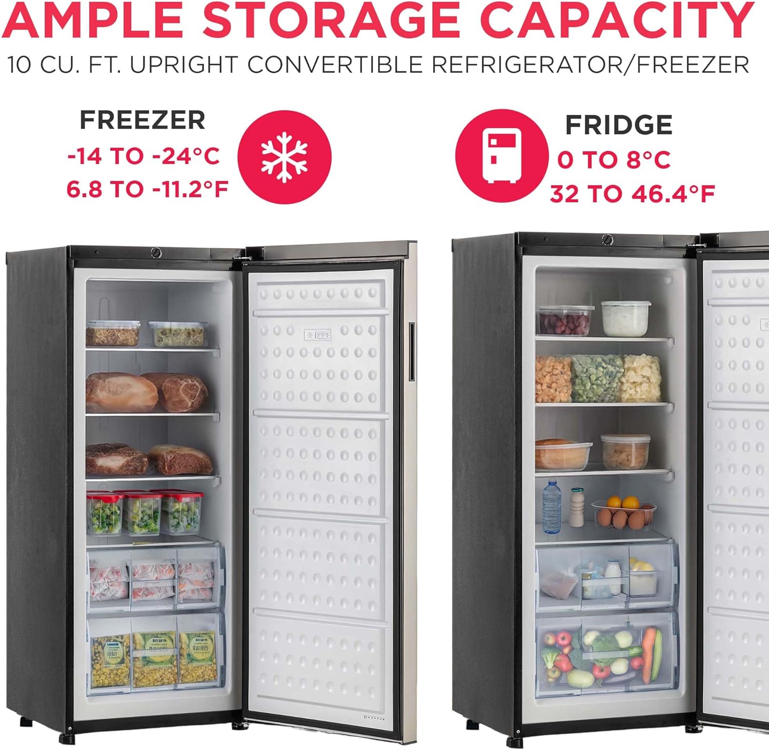 Frigidaire 10 CuFt. Upright Convertible Fridge/Freezer, Reversible Door, Removable Glass Shelves, Adjustable Controls, Platinum Finish