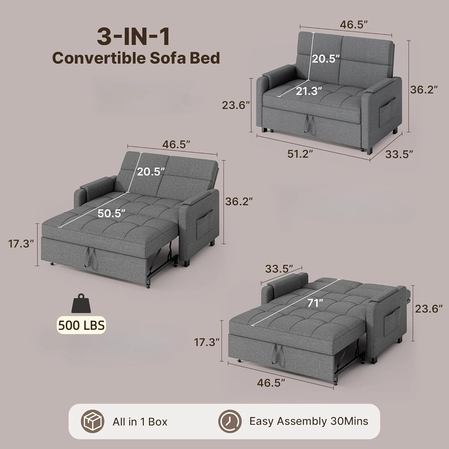 Gizoon Convertible Sofa Bed, 3-in-1 Pull Out Couch, 5-Position Adjustable Backrest & Side Pockets, Modern Small Loveseat Sleeper Sofa for Living Room, Apartment, Dorm, Studio, Guest Room, Grey