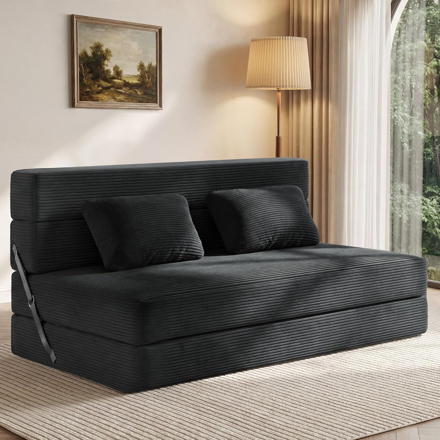 YITAHOME 3-in-1 Convertible Sofa Bed, Modern Loveseat Sleeper with Pull-Out Chaise, USB Charging Ports, Side Pockets, Compact Sofa for Living Room, Bedroom, Apartment, Black
