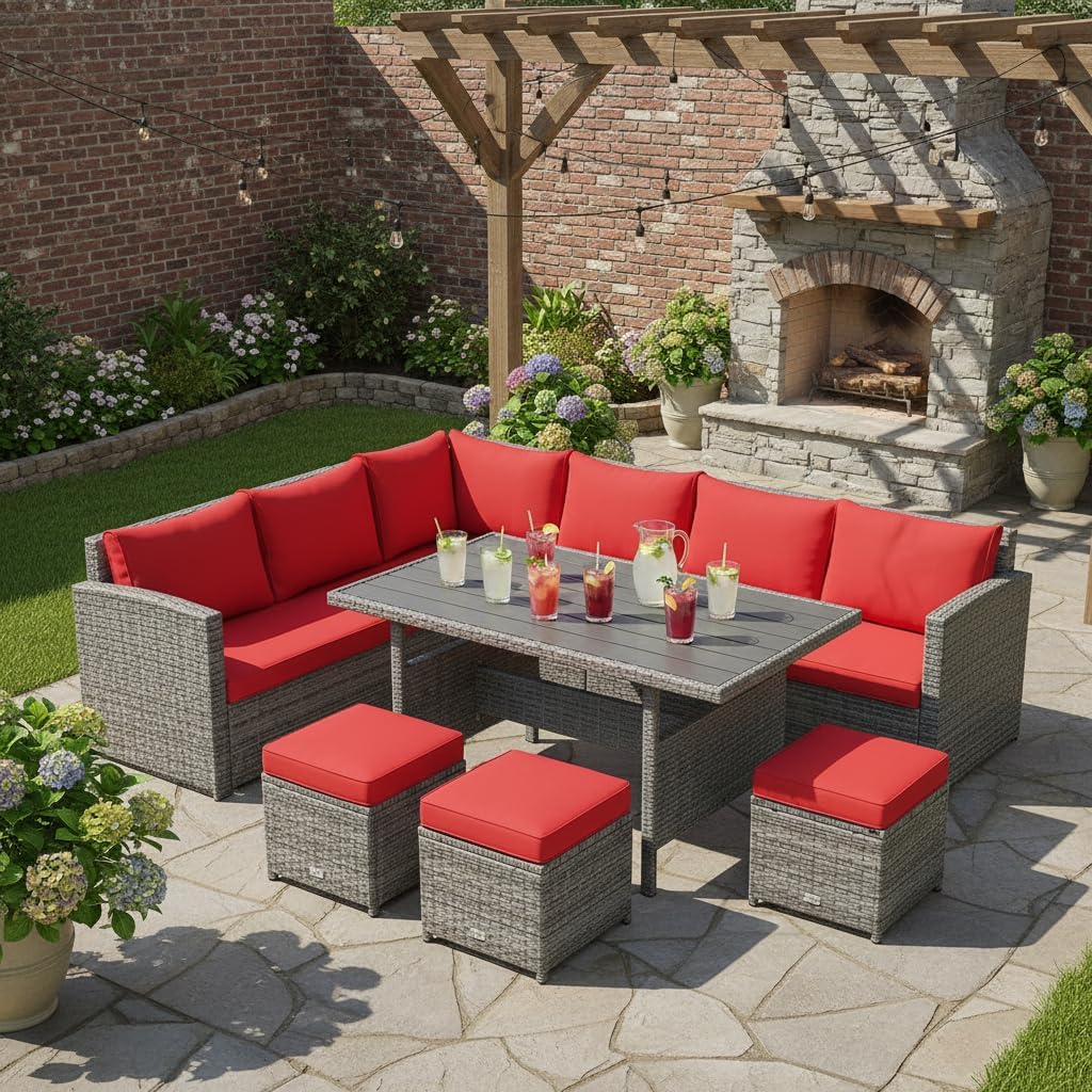 Tangkula 7 Pieces Patio Furniture Set, Outdoor Sectional Rattan Sofa Set with Cushions, All Weather Wicker Conversation Couch Set with Dining Table & Ottomans for Backyard Garden Poolside