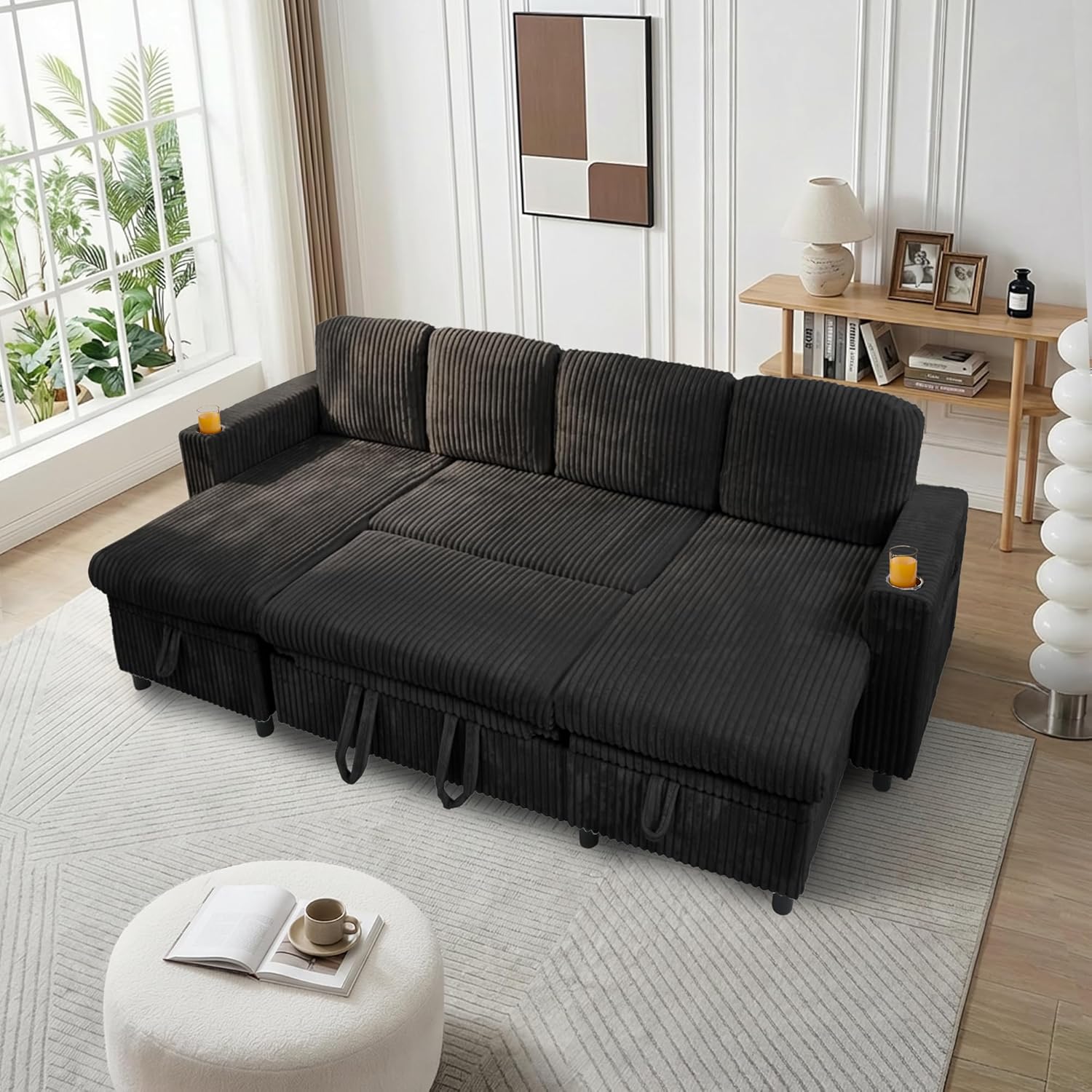 Modular Sectional Sleeper Sofa with Pull Out Bed, Plush Corduroy U-Shaped Couch with Storage Chaise, USB Ports, Cup Holders, Comfortable Sectional Couches for Living Room, Black