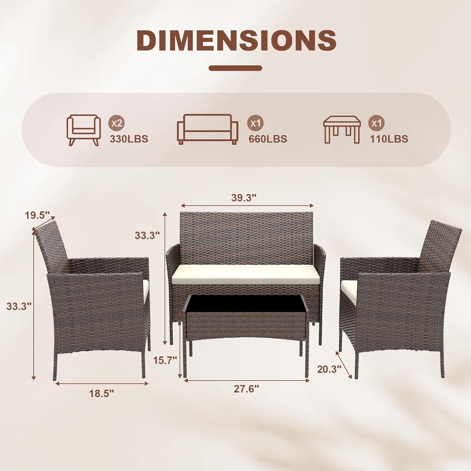 GarveeLife 4-Piece Patio Furniture Set, Rattan Outdoor Furniture with Upholstered Sofa, 2 Chairs & Coffee Table, Modern Conversation Bistro Set for Garden Backyard Porch (Gradient Brown and Beige)