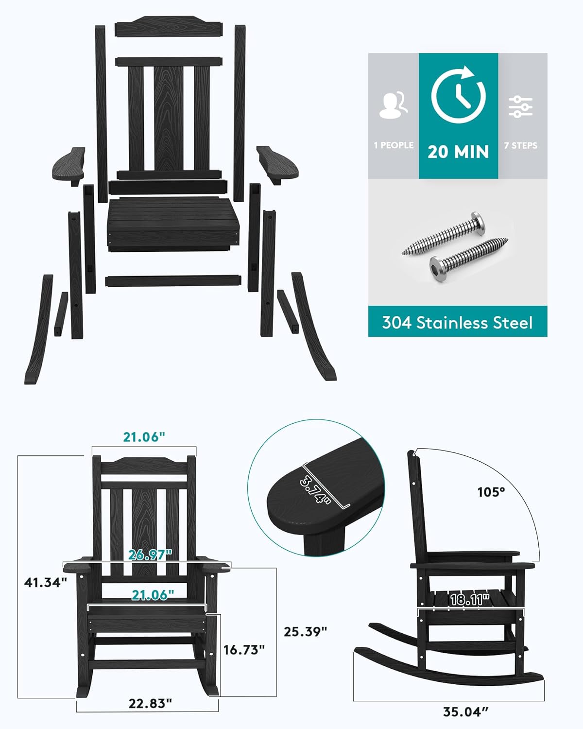 SERWALL Black Outdoor Rocking Chair Set of 2, All Weather Patio Rocking Chair, HDPE Poly Rocking Chair for Adults, Heavy Duty Front Porch Rocker