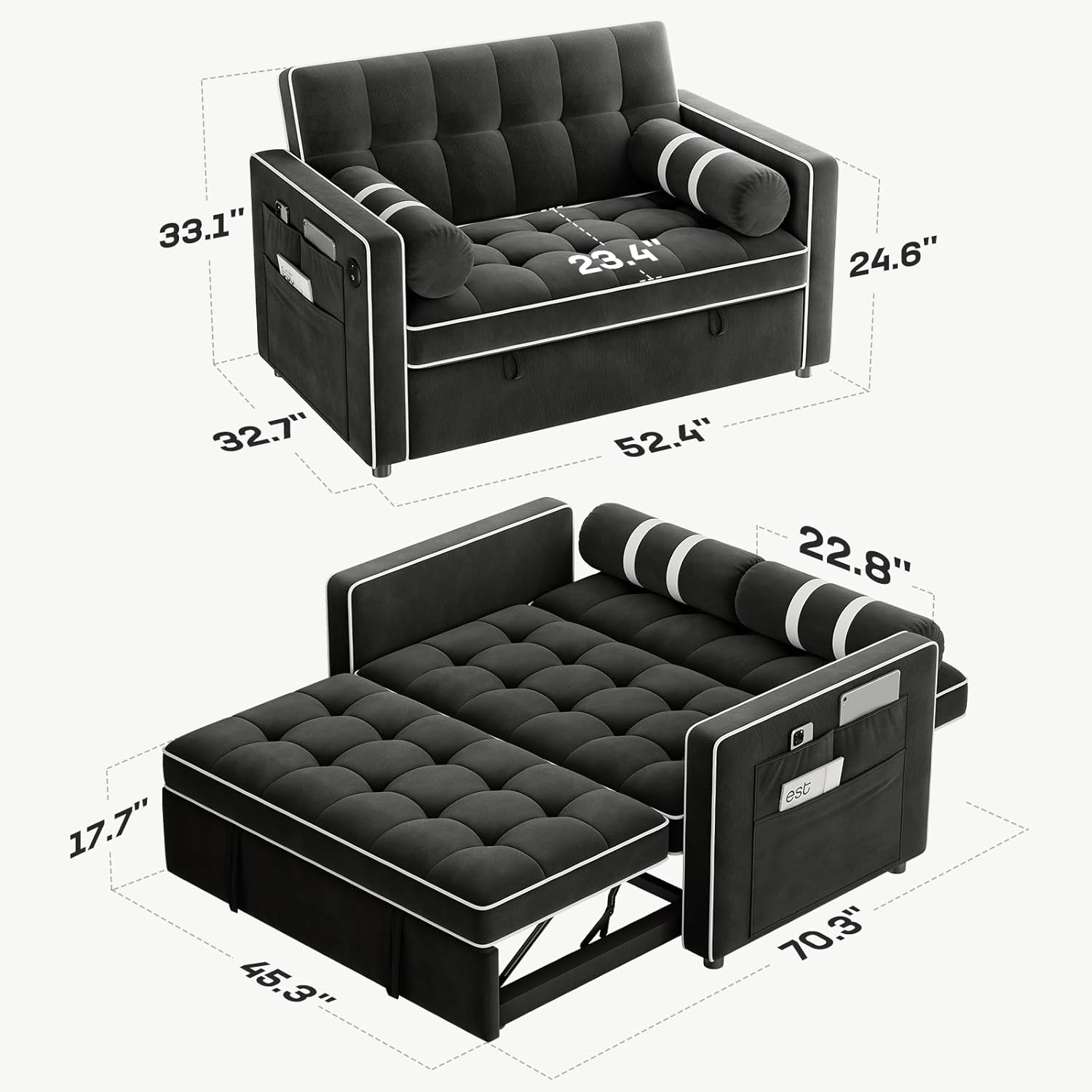 Marsail 3-in-1 Convertible Futon Sleeper Sofa Bed, Pull Out Couch with Adjustable Backrest, USB Charging & Side Pockets, Velvet Fabric Sofa for Living Room, Apartment, Loveseat, Black