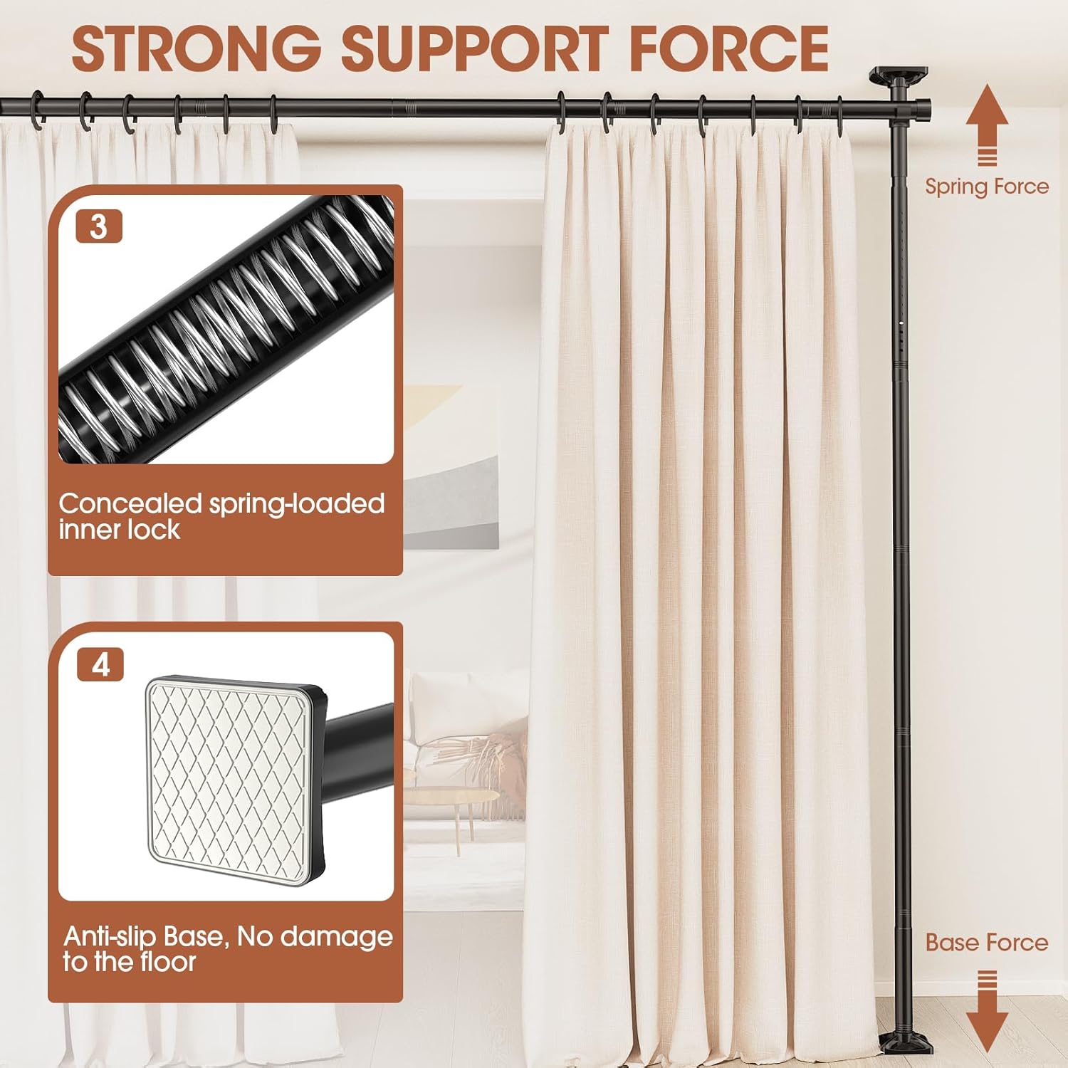 SUNALLY Room Divider No Drilling Curtain Rod Wall Divider for Room Separation, 4-10ft(H) 28-114inch(W) Adjustable, Heavy Duty Partition Space Separator Freestanding Tension Curtain Stand, Black