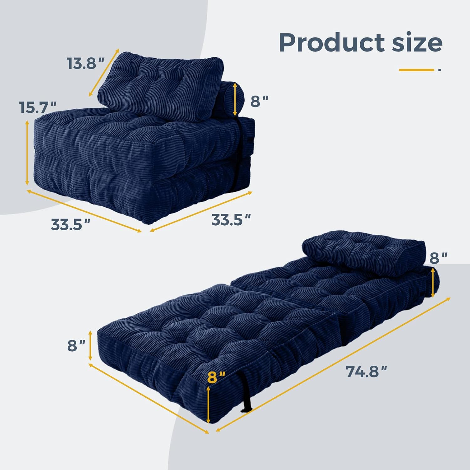 MAXYOYO Folding Sofa Bed, Convertible Sleeper Chair with Pillow Foldable Mattress with Back Support, Portable Fold Out Chair Bed Comfy Floor Sofa Lounge for Living Room Bedroom, Navy, Single
