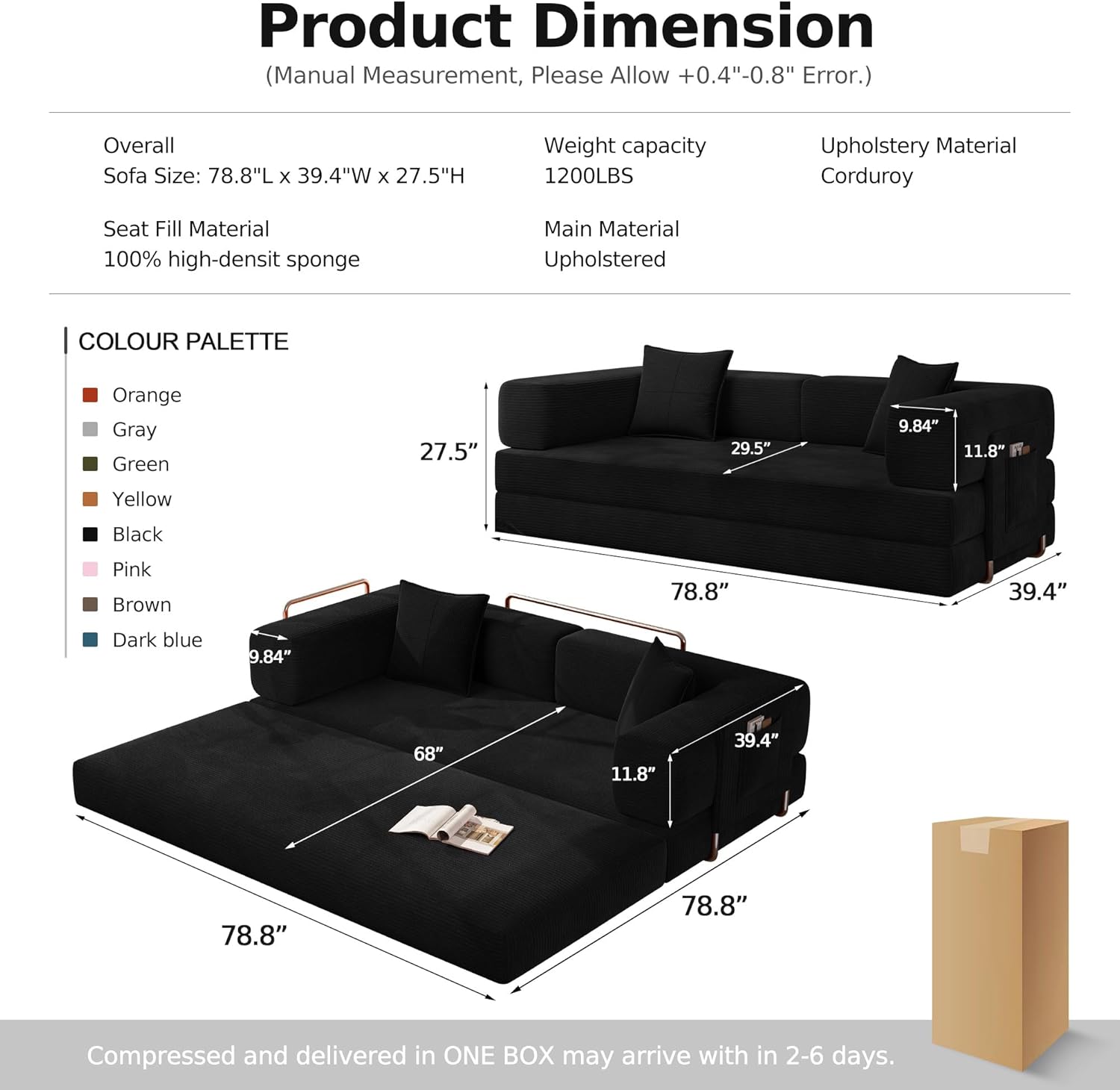 MoonSpeak 78.8'' Sleeper Couch Bed for Living Room, Convertible Modular Sofa with Armrest Pillow, Modular Foldable Corduroy Couches in a Box, No Assembly Required (Black)