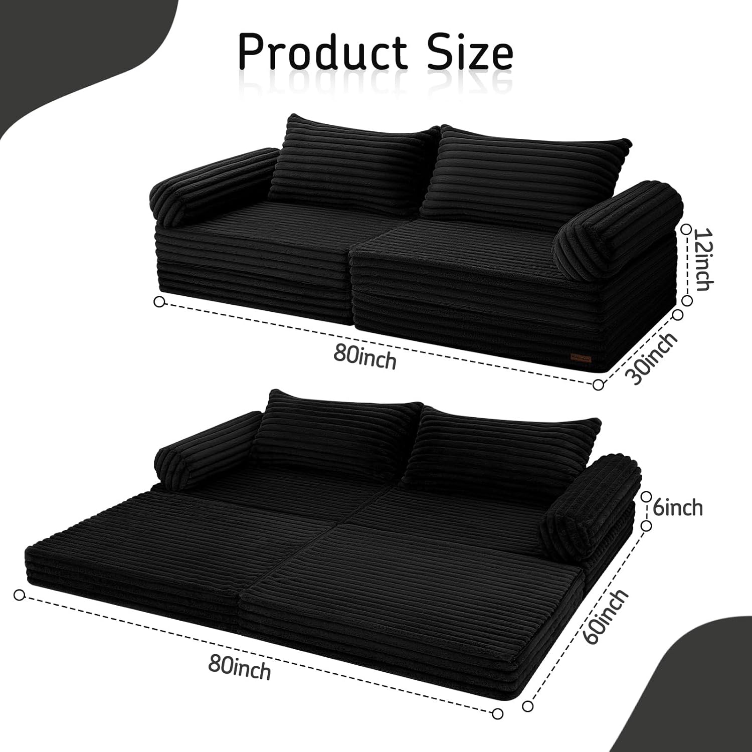 MeMoreCool Convertible Sofa Bed, Folding Floor Couch Bed Queen, Pull Out Sleeper Couch with Pillows, Fold Out Futon Sofa for Bedroom Living Room Small Space, Corduroy Black
