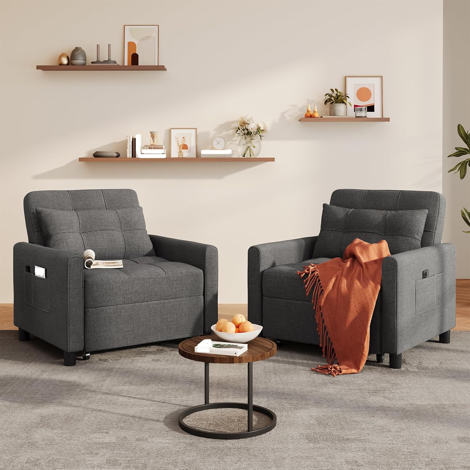 Ahomly Convertible Sofa Bed, 3-in-1 Multi-Functional Sleeper Chair Bed, Adjustable Backrest Recliner with Modern Linen Fabric for Living Room Bedroom Apartment Small Space, Dark Grey