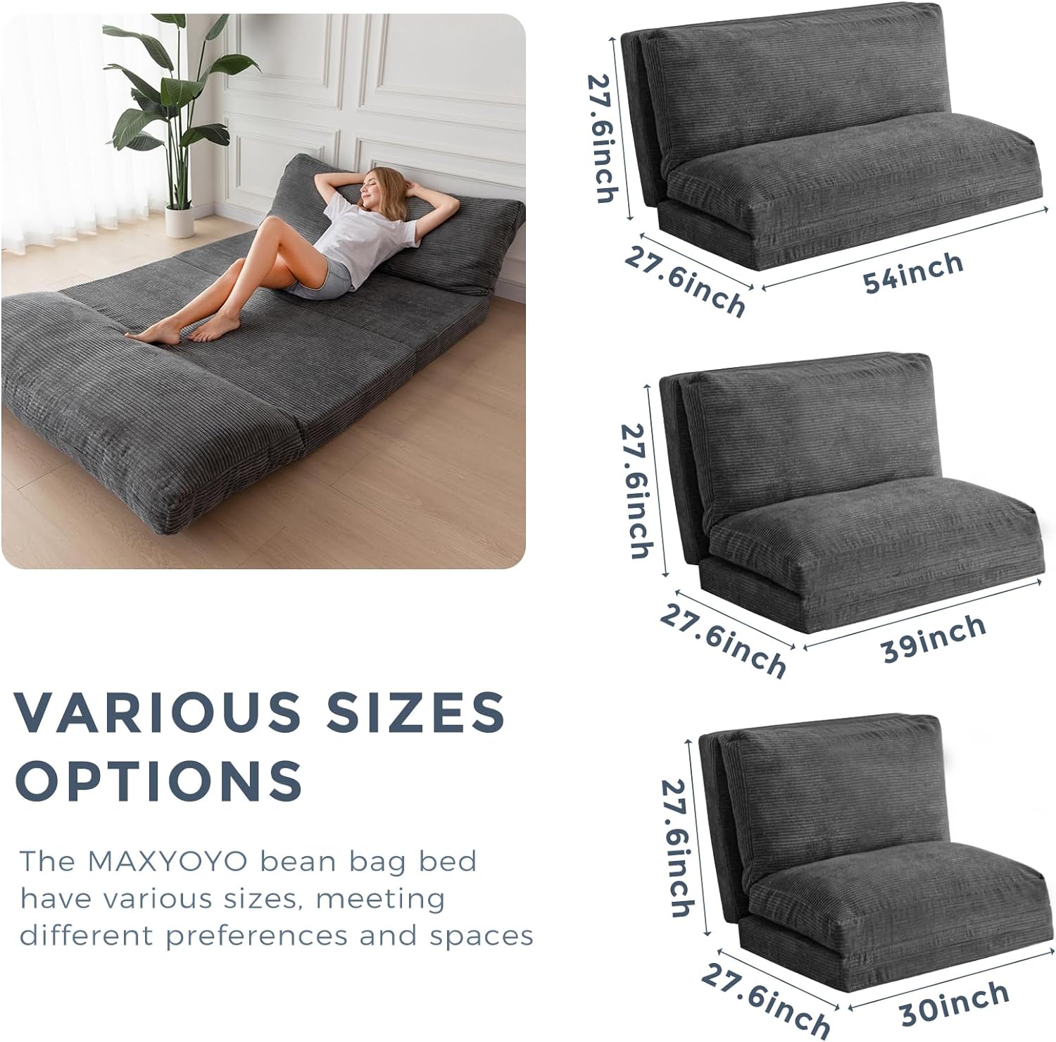 MAXYOYO Folding Sofa Bed, Extra Thick and Long Floor Sofa Convertible Sleeper Chair with Washable Cover, Floor Couch Lounge Bean Bag Bed for Living Room, Dark Grey, 54x95 Inch