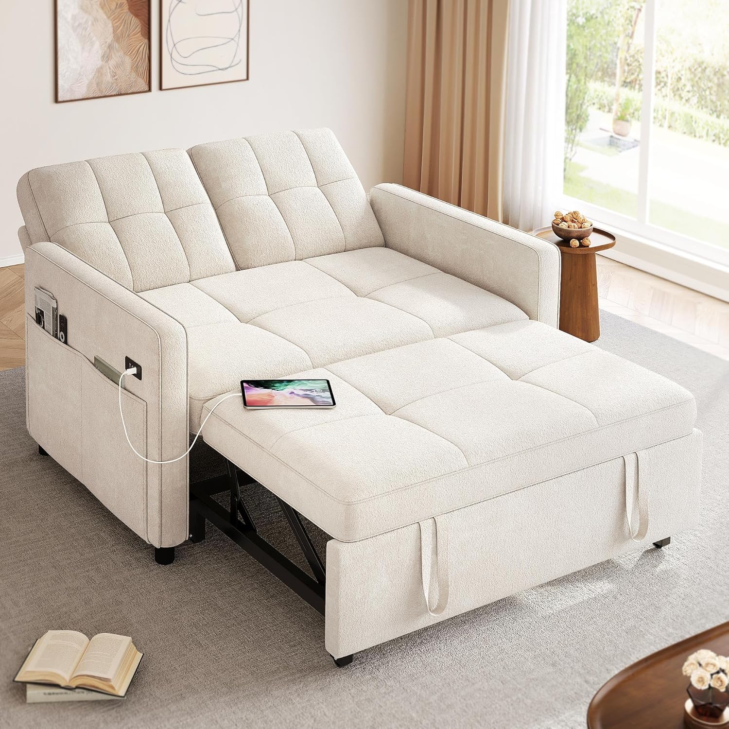 YITAHOME 3-in-1 Convertible Sofa Bed, Modern Loveseat Sleeper with Pull-Out Chaise, USB Charging Ports, Side Pockets, Compact Sofa for Living Room, Bedroom, Apartment, Black