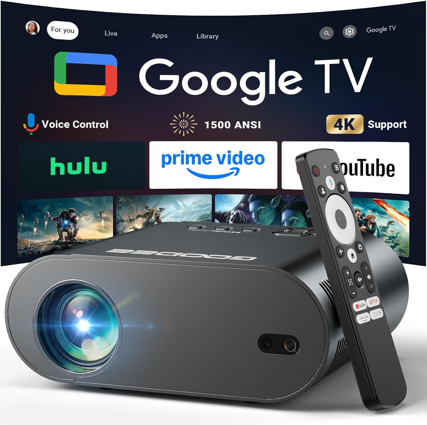 [Google TV/Voice Control]GooDee 4K UHD Smart Projector with WiFi and Bluetooth, Portable Movie Projector Compatible with Prime Video, YouTube Built-in, Dolby Sound Home Theater for Indoor/Outdoor
