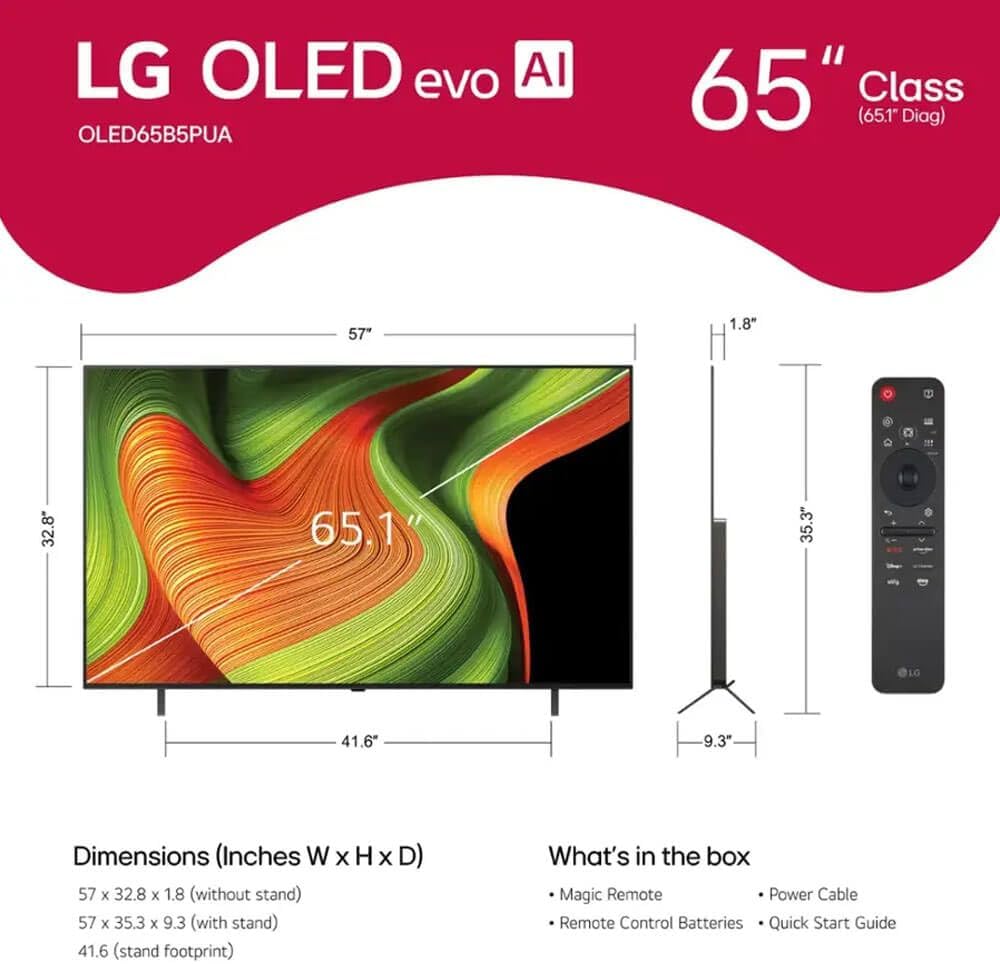 LG 65-Inch Class OLED AI 4K B5 Series Smart TV with Dolby Atmos, Dolby Vision, HDR10, AI Super Upscaling 4K, Filmmaker Mode, Wow Orchestra, Alexa Built-in (OLED65B5PUA.AUS, 2025)