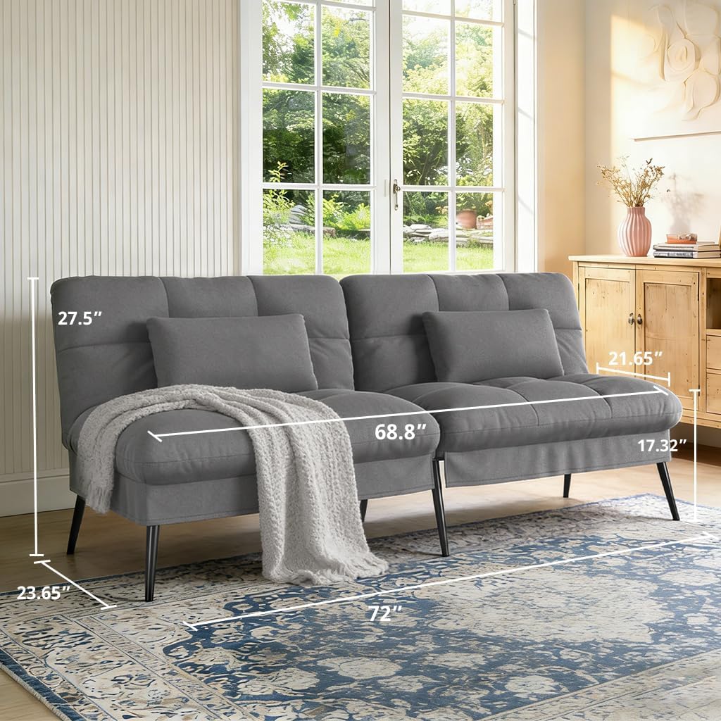COMHOMA 72″Futon Sofa Bed, Modern Convertible Sleeper Sofa, Fabric Futon Couch with Multi-Position Backrest for Living Room Furniture (Grey)