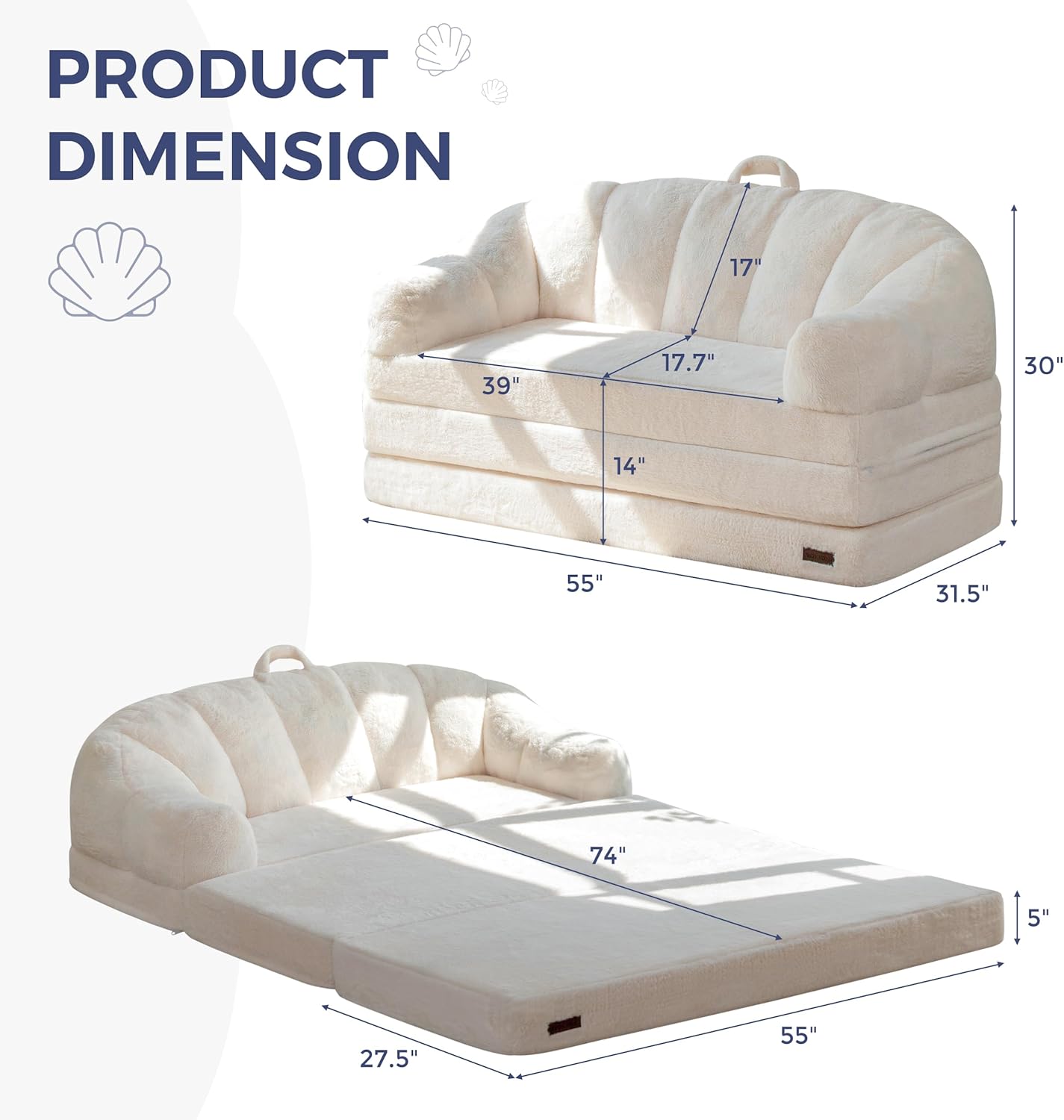 MAXYOYO Folding Sofa Bed, 2 in 1 Convertible Sofa to Lounger Comfy Loveseat Bean Bag Chair for Adults, Floor Sleeper Couch with Handle, Faux Fur Couch Bed for Living Room Bedroom, Beige, Loveseat