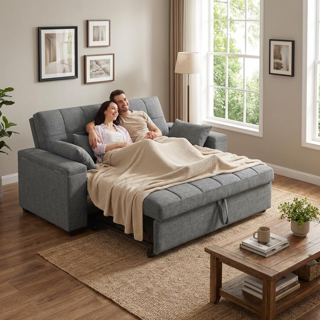Gizoon 3 in 1 Convertible Sofa Bed, 63.6'' Pull Out Couch with Storage Armrests, Sofa Cama, Adjustable Backrest & Pockets, Linen Loveseat Sleeper for Small Apartment Living Room, Dark Grey