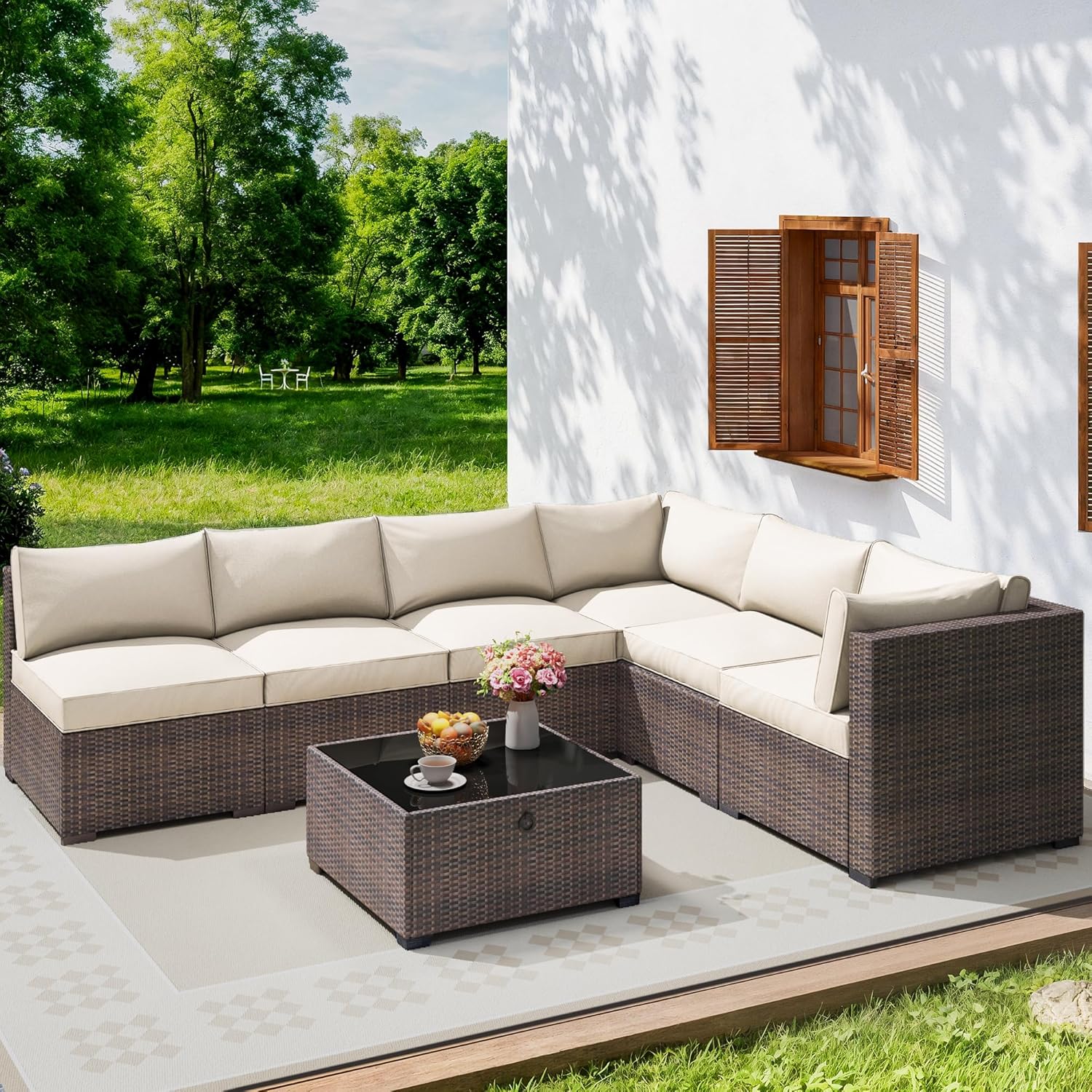 7 Piece Outdoor Patio Furniture Set, Outdoor Sectional Furniture, Rattan & Wicker Modern Modular Conversation Set Sectional Sofa with Water Resistant Washable Thick Cushions and Coffee Table, Brown/Beige