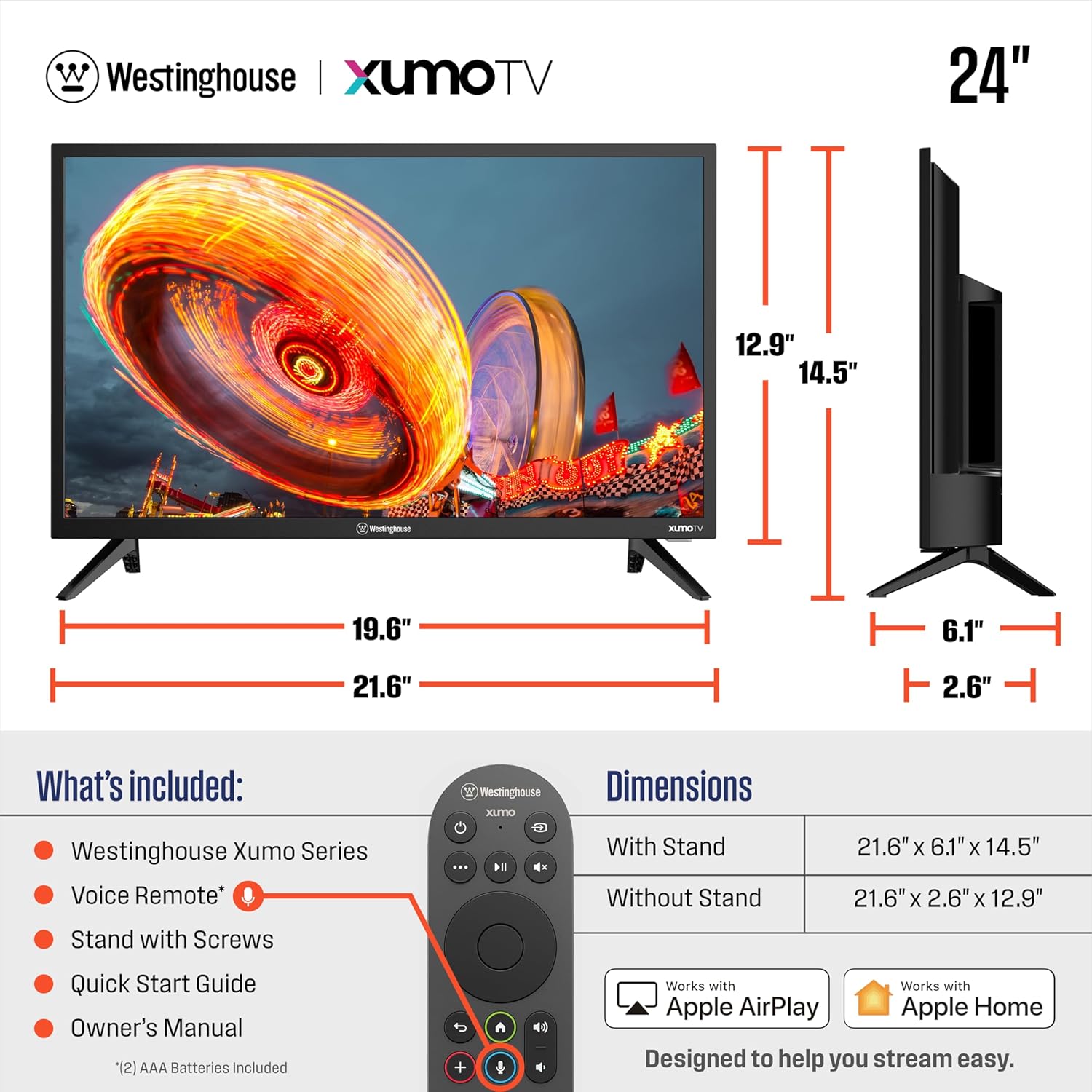 Westinghouse 24-inch Smart TV, HD Xumo TV with Full Function Voice Remote, Flat Screen Television with Dolby Atmos, Bluetooth, Apple AirPlay, Wi-Fi & Mobile Connectivity
