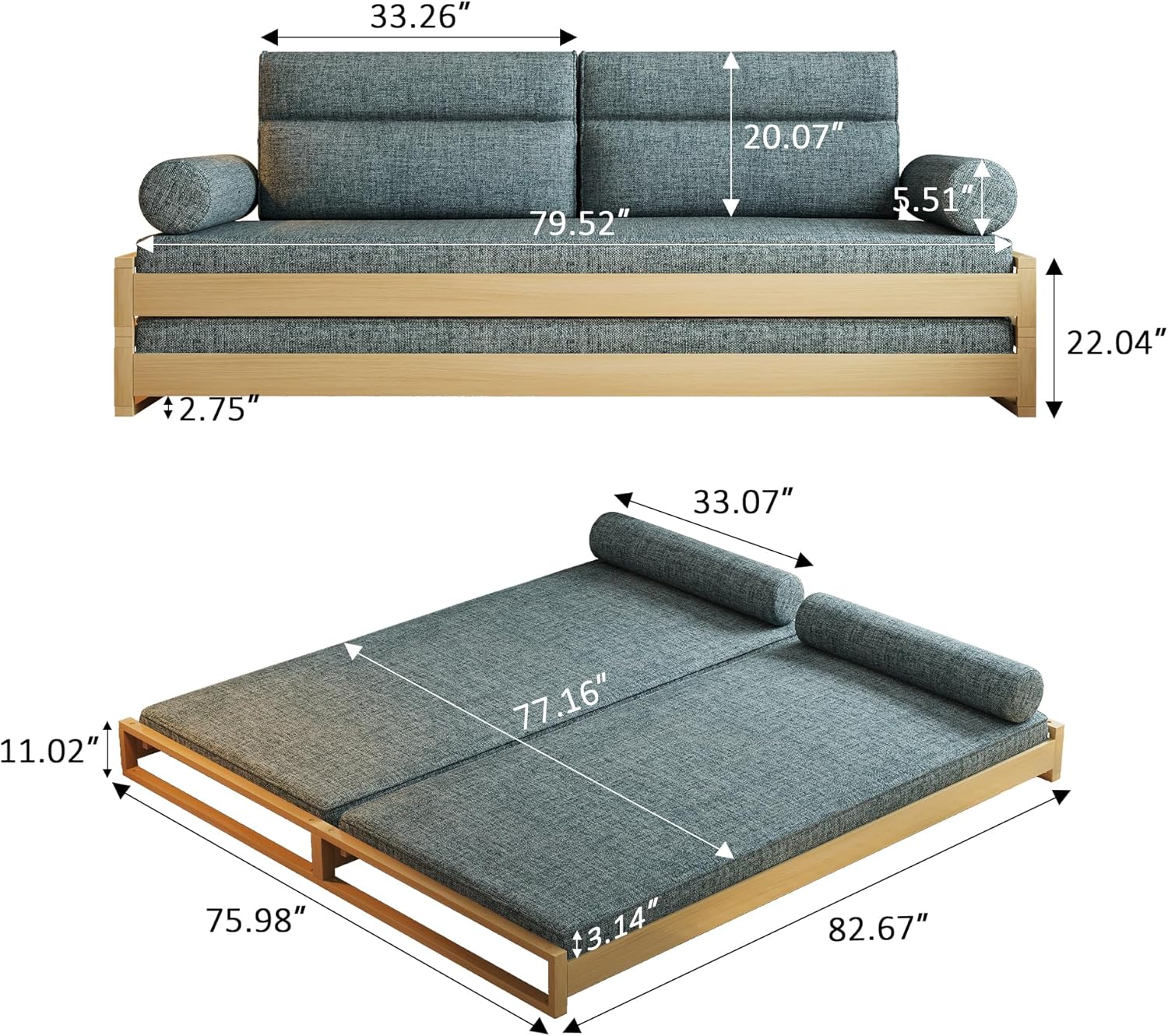 Mid-Century Modern Comfortable Sleeper Sofa Bed for Living Room and Bedroom, Convertible Design for Small Spaces, 82.67”Wx77.16”D Futon Couch with Removable Linen Foam Cushions & Wood Frame, Gray