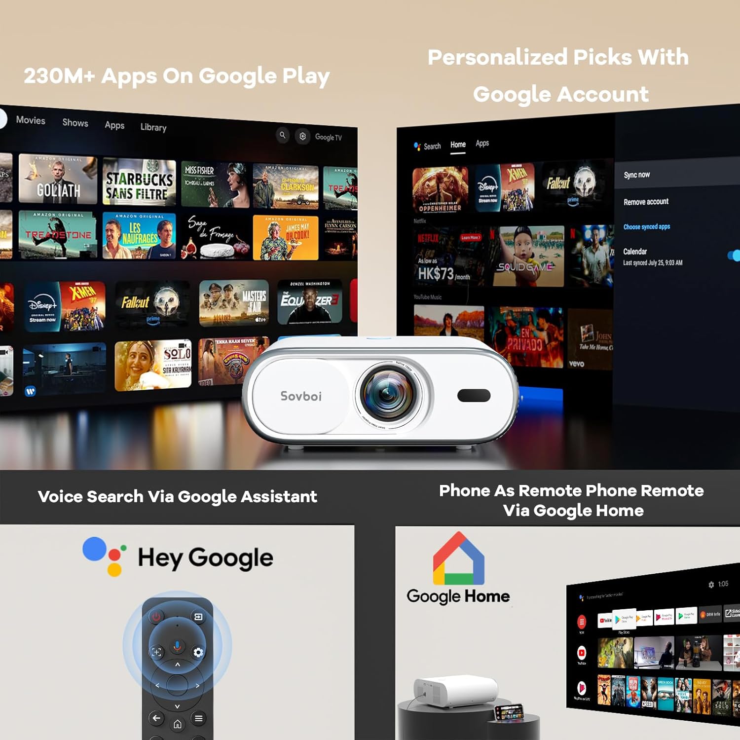 4K Projector with Google TV: 3000 Brightness/Auto Lens Cap & 4D Keystone/Auto Focus & AI Voice Control, Sovboi Portable Outdoor Projector with WiFi & Bluetooth, Smart Movie Projector for Streaming Apps