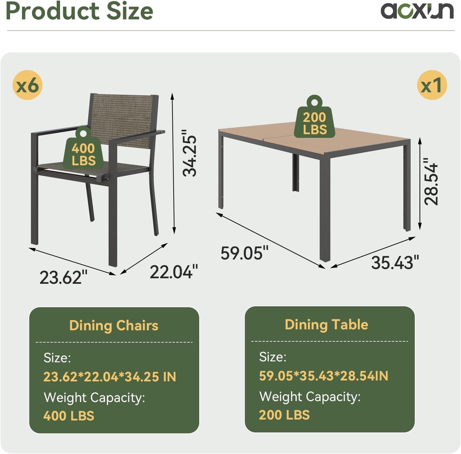 Aoxun 7-Piece Patio Table and Chairs Set for 6, All-Weather Outdoor Dining Set with 6 Textilene Chairs and 1 Rectangular Metal Table, Patio Dining Sets for Backyard, Garden and Poolside, Brown