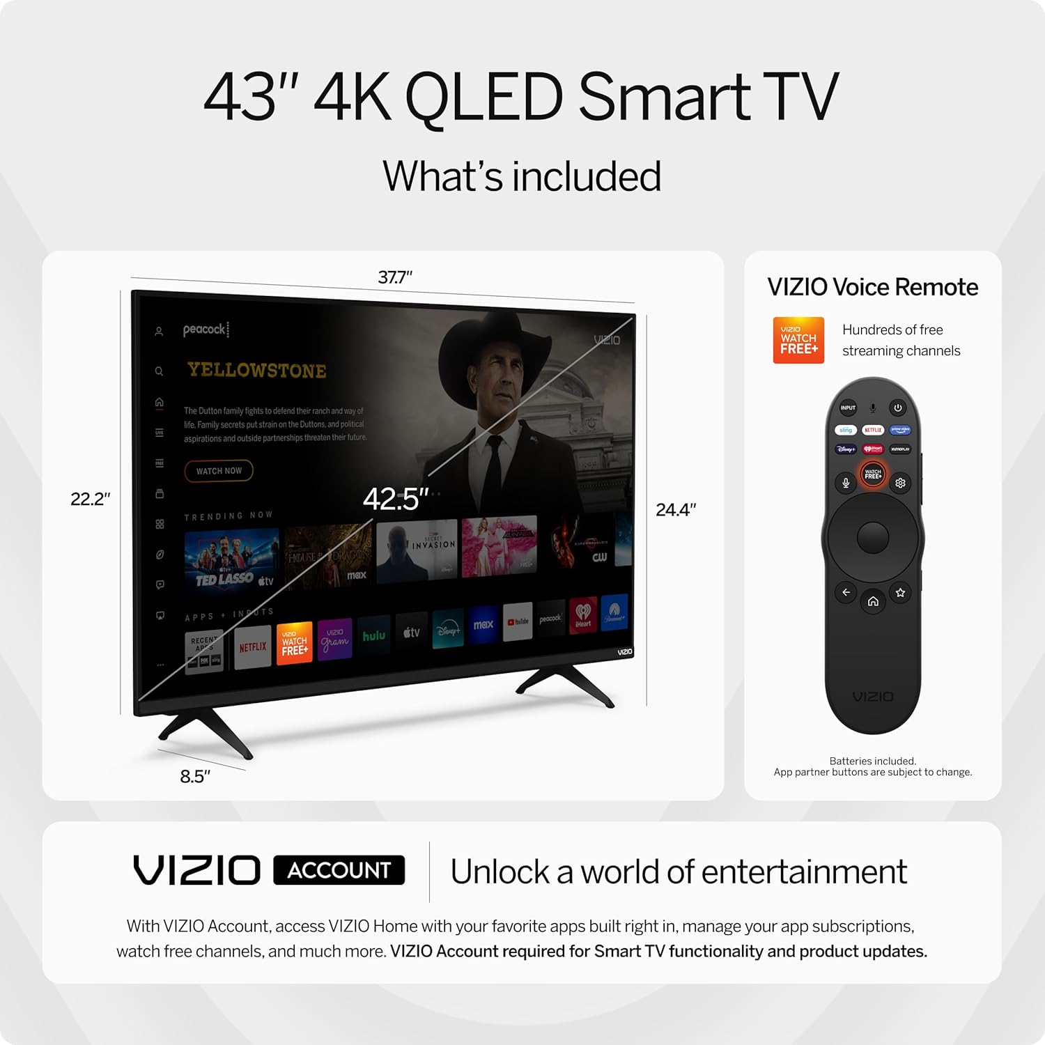 VIZIO 43-inch Quantum 4K QLED HDR Smart TV with Dolby Vision HDR, 120fps @1080p PC Gaming, WiFi 6, Bluetooth Headphone Capable, Apple AirPlay, Google Cast Built-in (VQD43M-0801, New)
