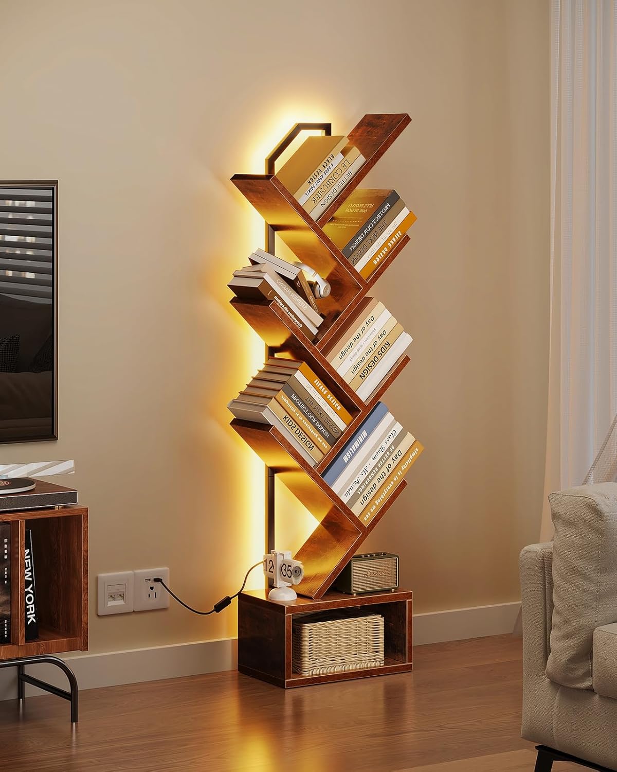 Casaottima Tree Bookshelf with LED Lights, 6-Tier Narrow Bookcase for Small Spaces, Tall Steel & Wood Storage Shelf with Cabinet, Home Decor & Organizer for Living Room/Bedroom/Home Office, Vintage
