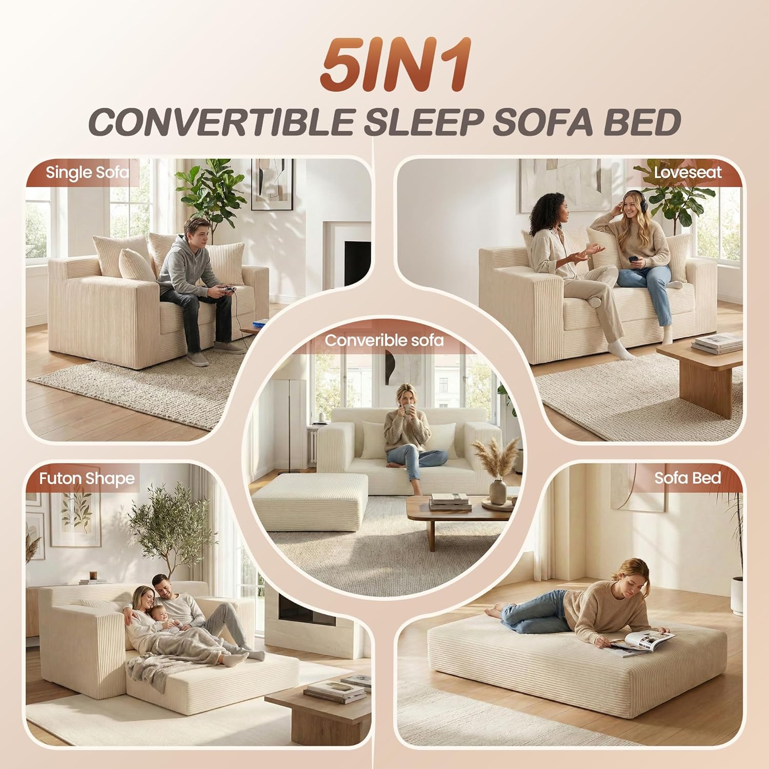 Convertible 5 in 1 Futon Sofa Bed Full Size, Corduroy Boneless Couch Sleeper Sofa with 4 Pillows, Foldable Pull Out Loveseat Floor Mattress for Living Room, Apartment, Small Space & Dorm