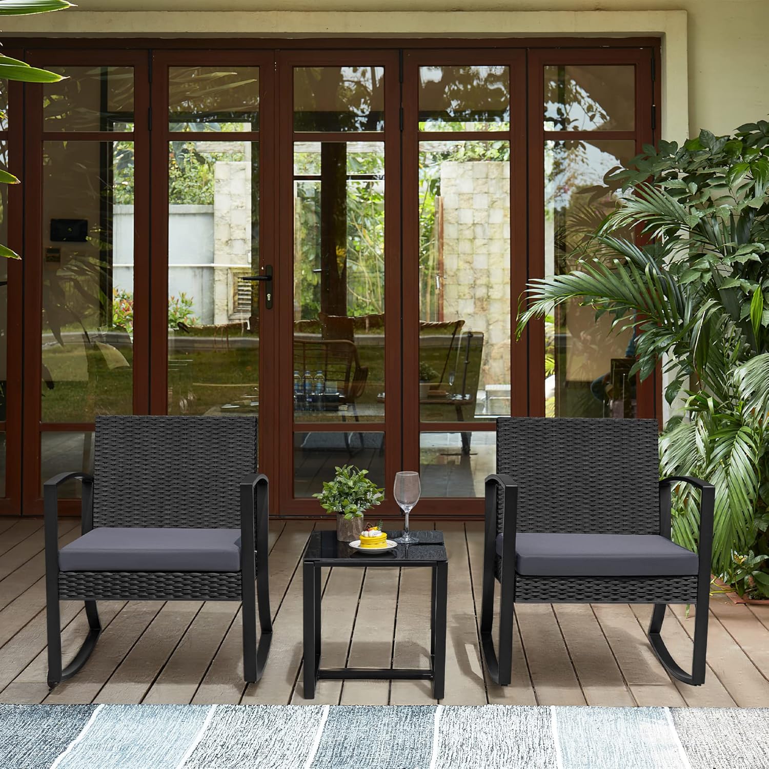 Greesum 3 Pieces Outdoor Furniture Set Patio Bistro Rocking Chairs with Glass Coffee Table for Pool Beach Backyard Balcony Porch Deck Garden, Light Gray