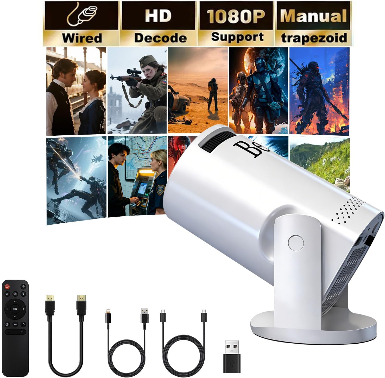 Mini projector, with wired screen sync 4K 1080P portable projector 180° rotation17-130