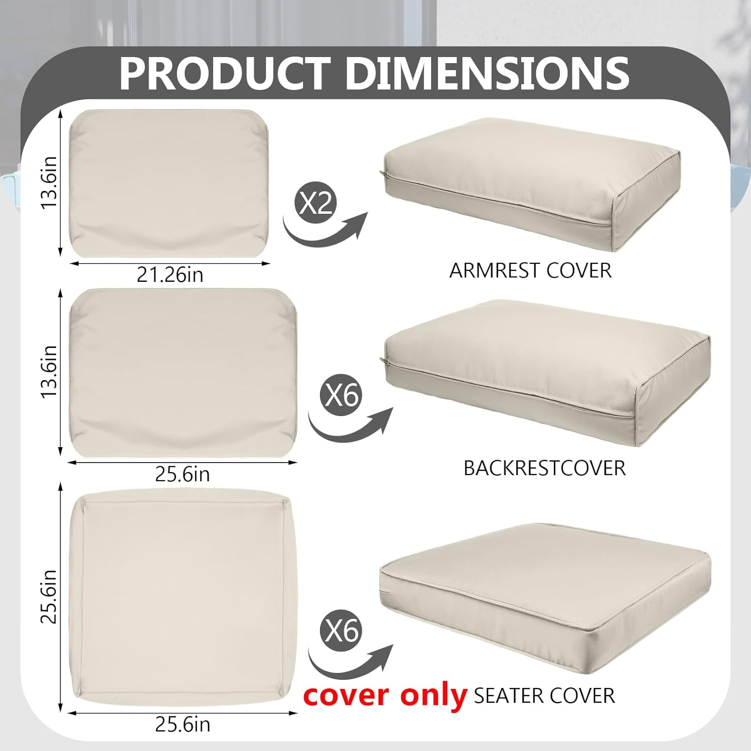 14 Piece Outdoor Patio Waterproof Cushion Covers, Fits 6-Seat Wicker Rattan Sectional Couch Chair Furniture Cover Replacement Set - Fade-Resistant Patio Cushion Covers with Zipper