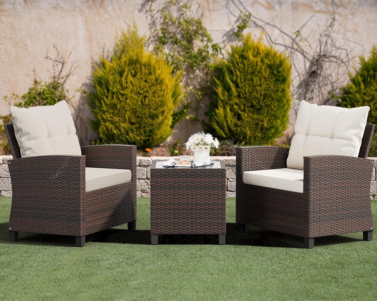 Shintenchi 3 Pieces Patio Furniture Set, PE Rattan Wicker 3 Pcs Patio Set, Outdoor Furniture Set with Two Outdoor Chairs and Table, Conversation Set for Garden, Poolside, Balcony, and Porch (Beige)