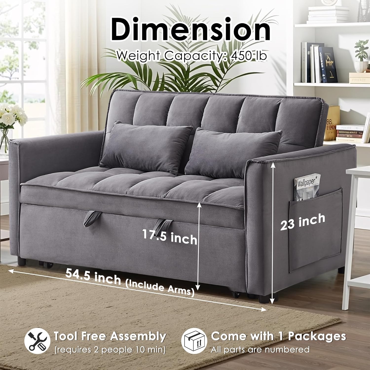 Sleeper Sofa Bed, 55'' Convertible Pull Out Couch with Side Pockets, Velvet Fabric Loveseat Sleeper Sofa with Adjustable Backrest for Living Room, Apartment (Dark Grey)