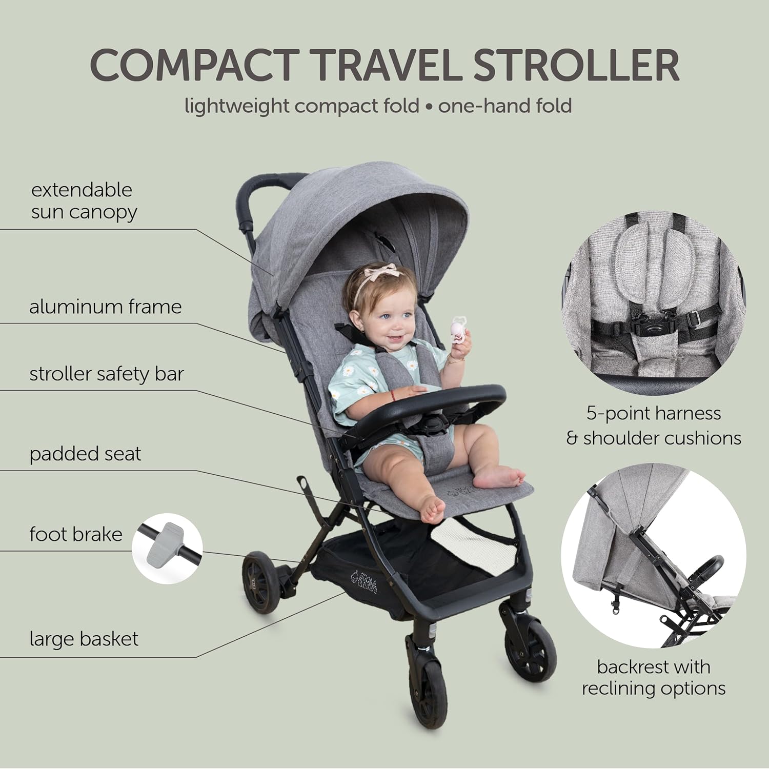Lightweight Travel Stroller for Baby & Toddlers - Easy Fold & Compact Stroller with Canopy, Storage Basket, Multi-Position Recline & Convenient One-Hand Fold (Grey)