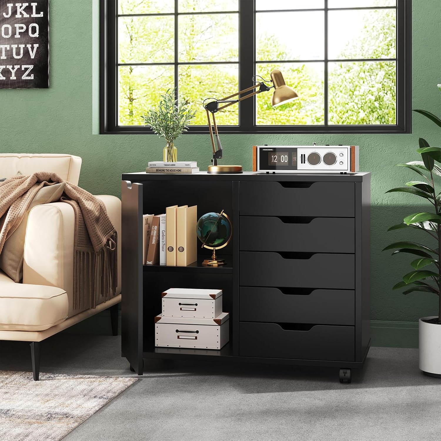 DUMOS 5 Drawer File Cabinet Office Drawers Organizer with Wheels Rolling, Under Desk Cabinets with Shelves and Door Printer Stand with Wooden Board Metal Frame for Home Office Storage Craft Room, Black