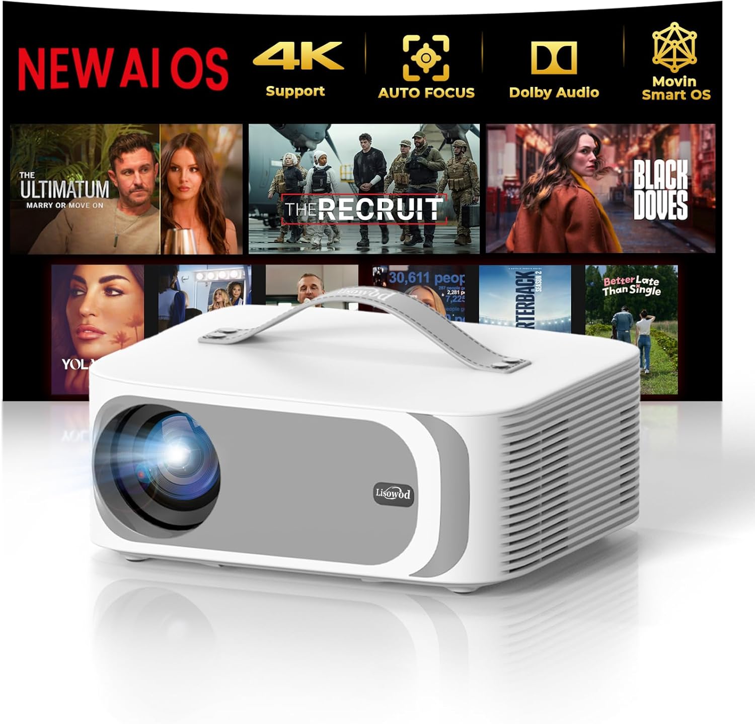 [5000+ Official-Apps & AI Auto Focus & 50W Dolby Audio] Outdoor-Projector-4k with WiFi and Bluetooth, AI Movin 2.0 OS Smart Projector with HDR10+, Lisowod Portable 4K Proyector 2026 Upgraded