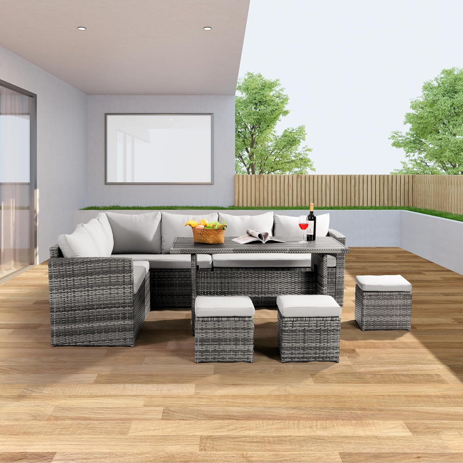 Wumiokio Patio Furniture Set, 7 Pieces Outdoor Patio Furniture with Dining Table & Chair, All-Weather Wicker Conversation Set with Ottoman, Gray (Includes Sofa Dust Cover)