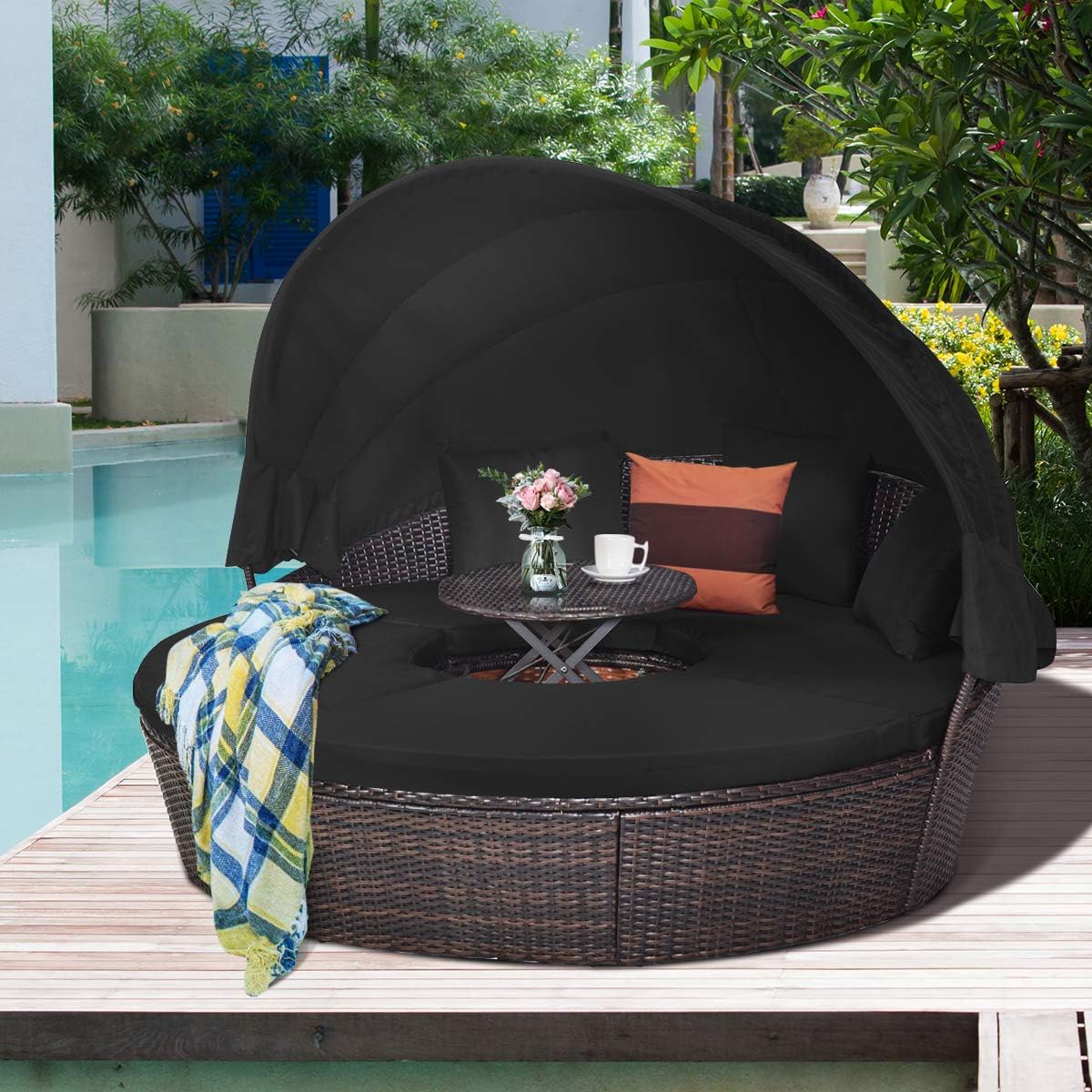 Tangkula Patio Round Daybed with Retractable Canopy, Outdoor Wicker Rattan Furniture Sets, Sectional Cushioned Sofa Set with Height Adjustable Coffee Table, Rattan Conversation Sets (Black)