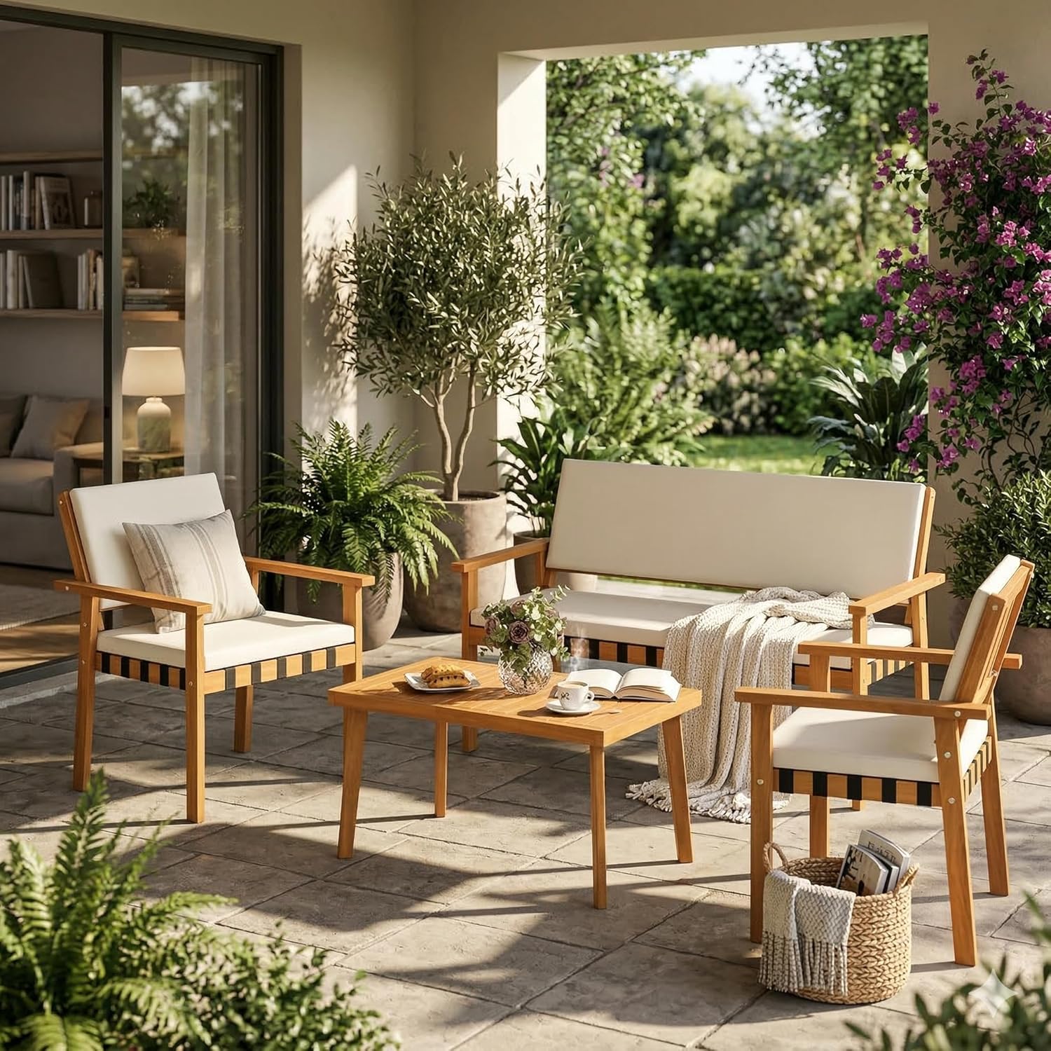 Tangkula Acacia Wood Patio Furniture Set, 4 Piece Thick Cushioned Outdoor Conversation Set with 800lbs Capacity Loveseat, 2 Armchairs and Coffee Table, for Backyard, Garden, Deck