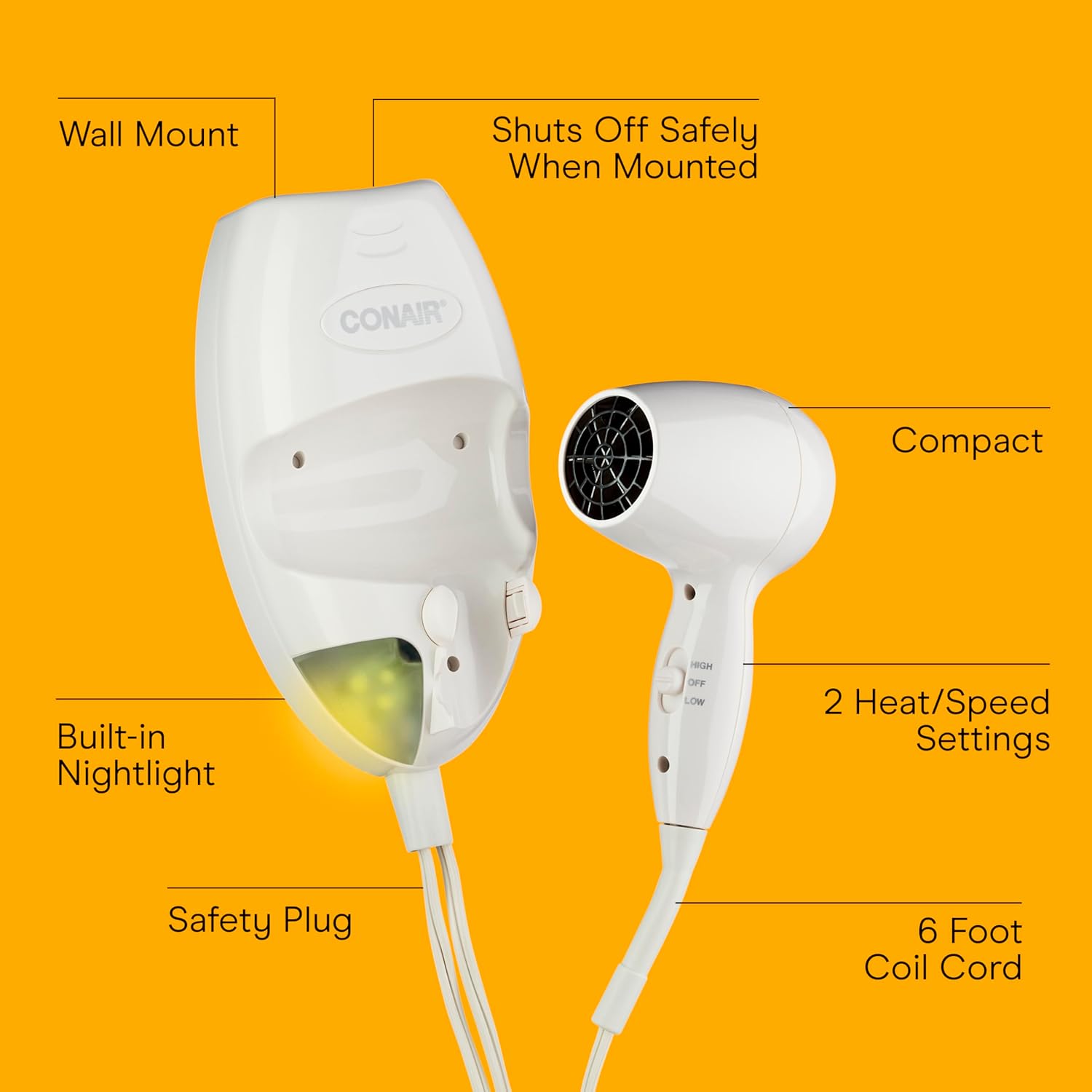 Conair Wall-Mount Hair Dryer, 1600W Blow Dryer with LED Nightlight, 2 Heat 2 Speed Settings, White