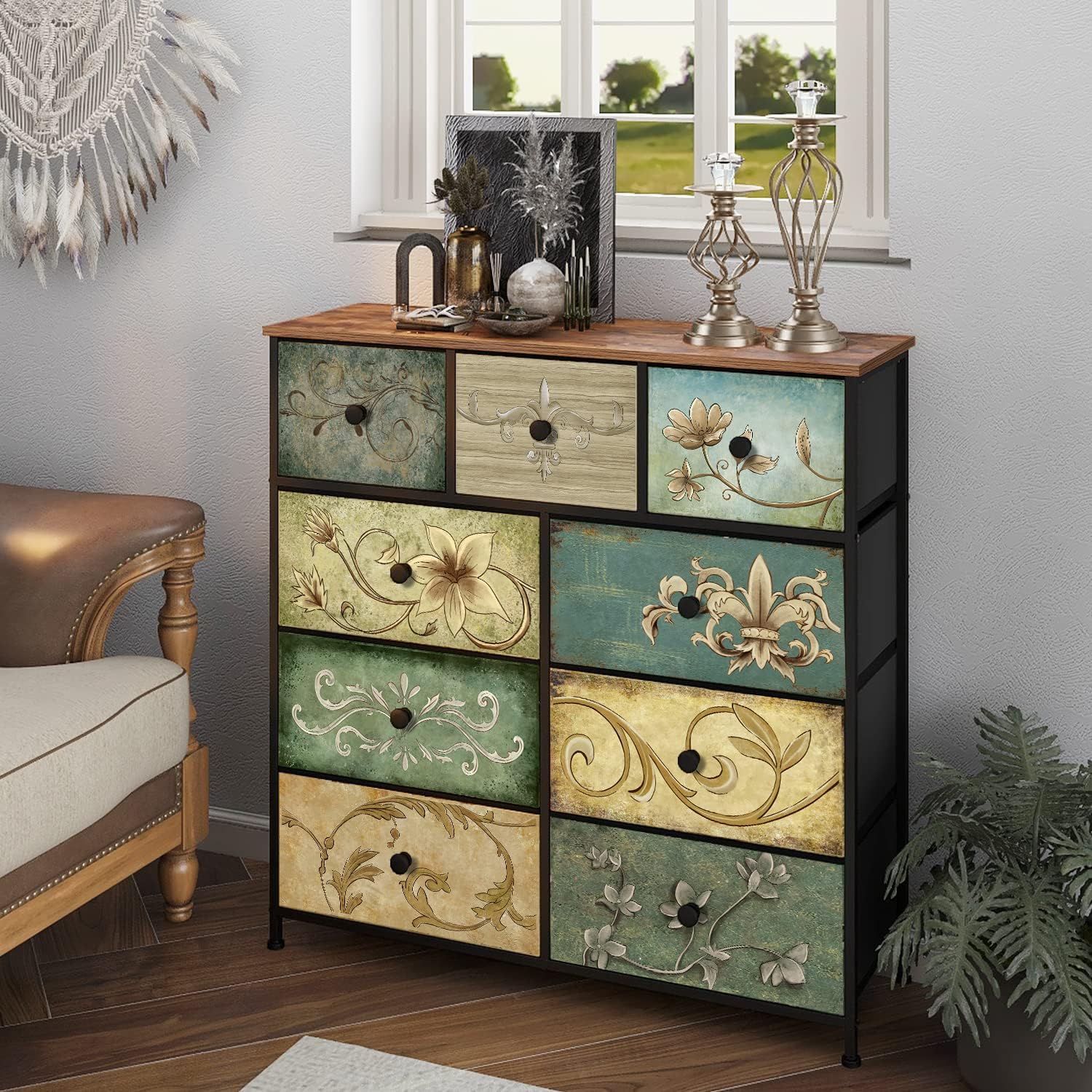 Tohomeor Dresser with Drawers for Bedroom, Chest of Drawers, Fabric Dresser for Closet, Nursery, Entryway, Hall Tree, TV Stand for Living Room, Retro Floral Pattern Drawers, Wooden Top (9 Drawers)